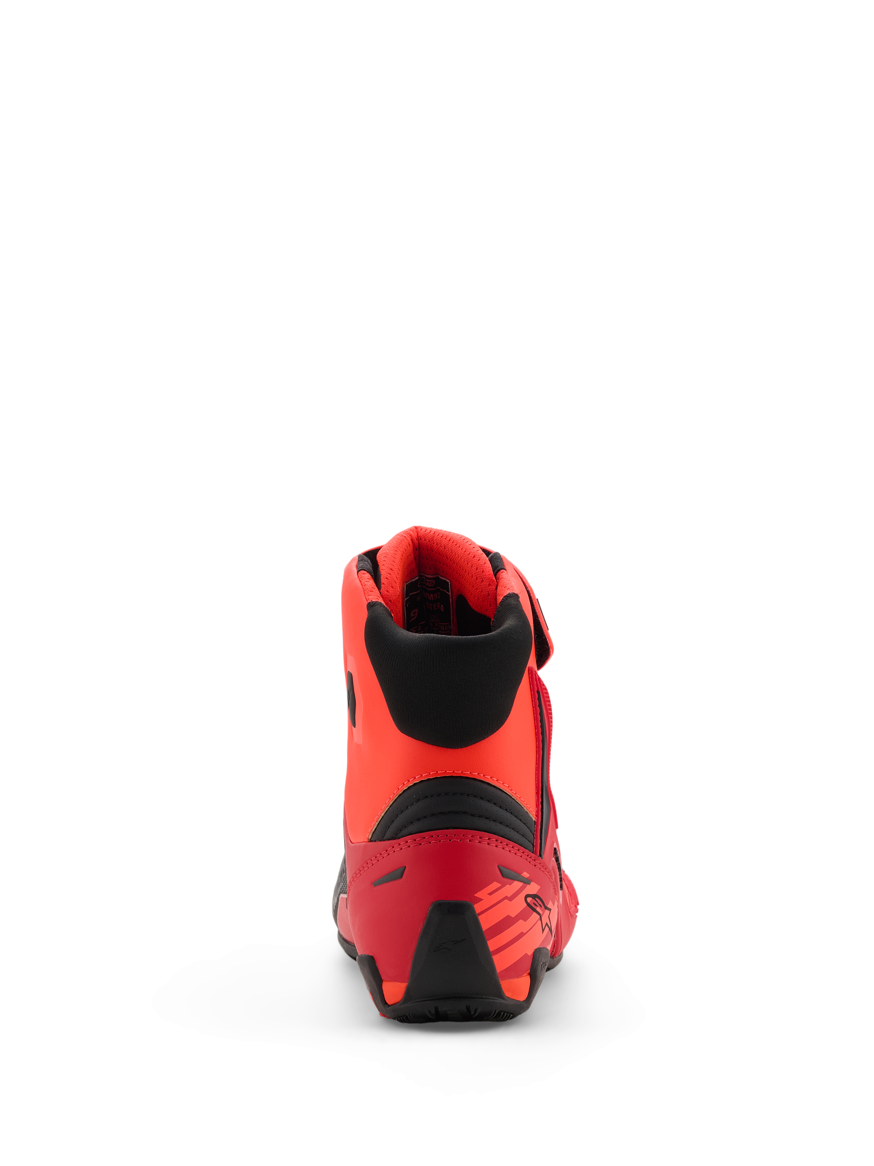 Scarpe Alpinestars MM93 Faster-4, scarpe da moto, Rosso Fluo Rosso Brillante e Nero, vista posteriore che mostra il contrafforte del tallone in TPR e il colletto in tessuto nero, design ergonomico con dettagli ispirati alle corse