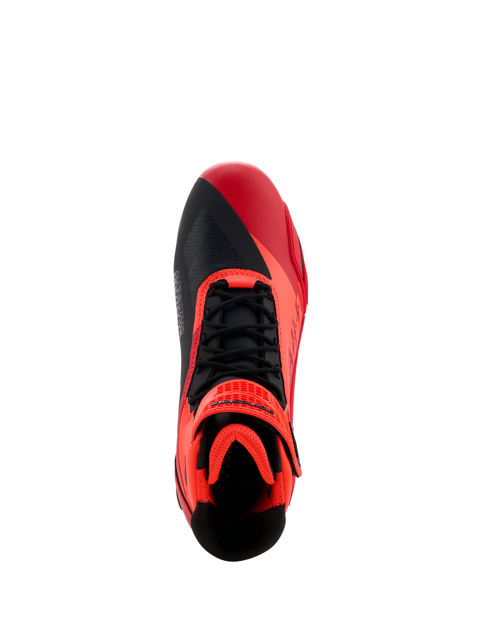 Alpinestars MM93 Faster-4 Shoes, scarpe da moto, rosso fluo, rosso brillante e nero, vista dall'alto con lacci neri e cinturino a strappo rosso, design asimmetrico della punta e interno imbottito per la guida sportiva.