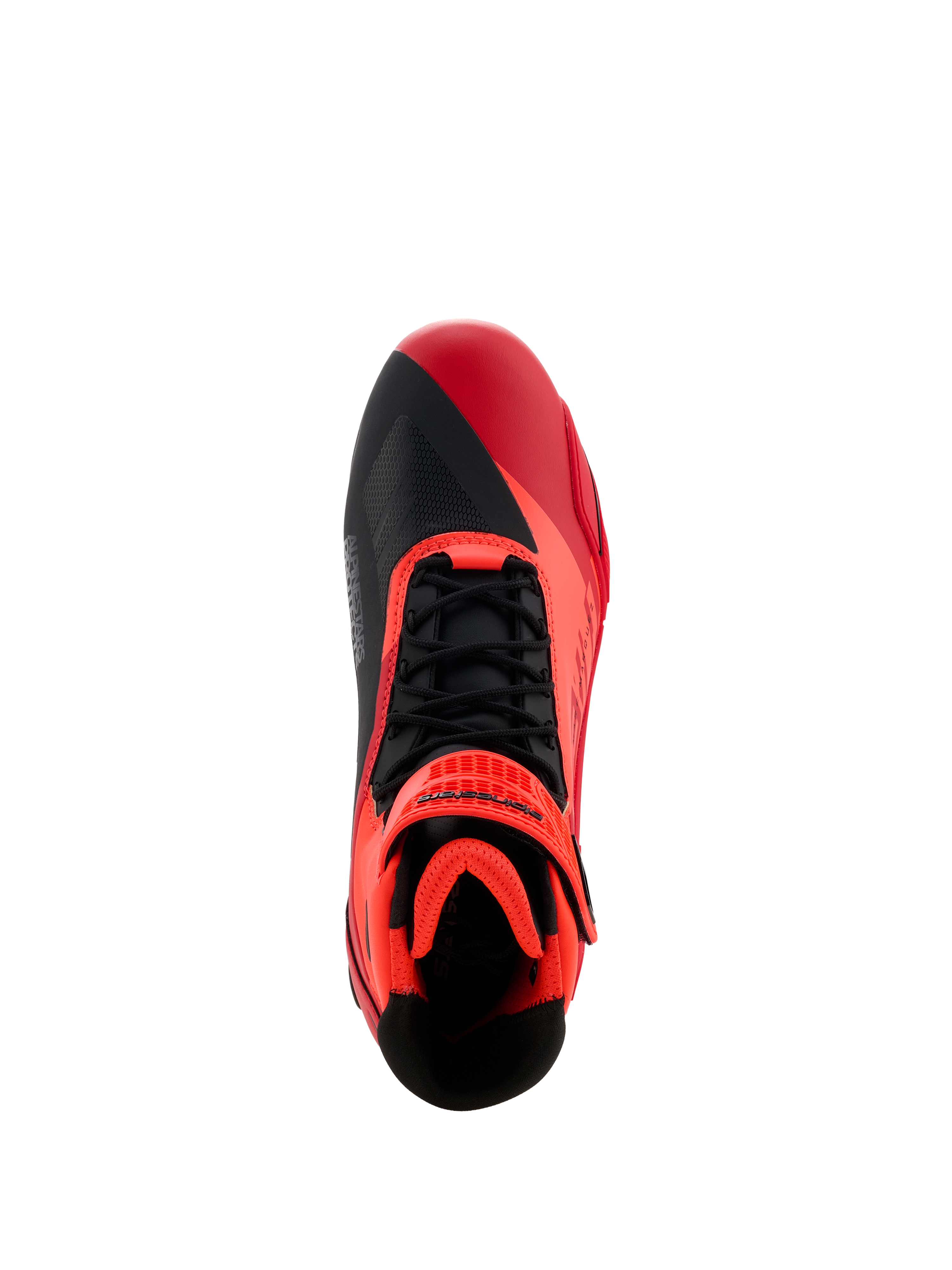 Alpinestars MM93 Faster-4 Shoes, scarpe da moto, rosso fluo, rosso brillante e nero, vista dall'alto con lacci neri e cinturino a strappo rosso, design asimmetrico della punta e interno imbottito per la guida sportiva.