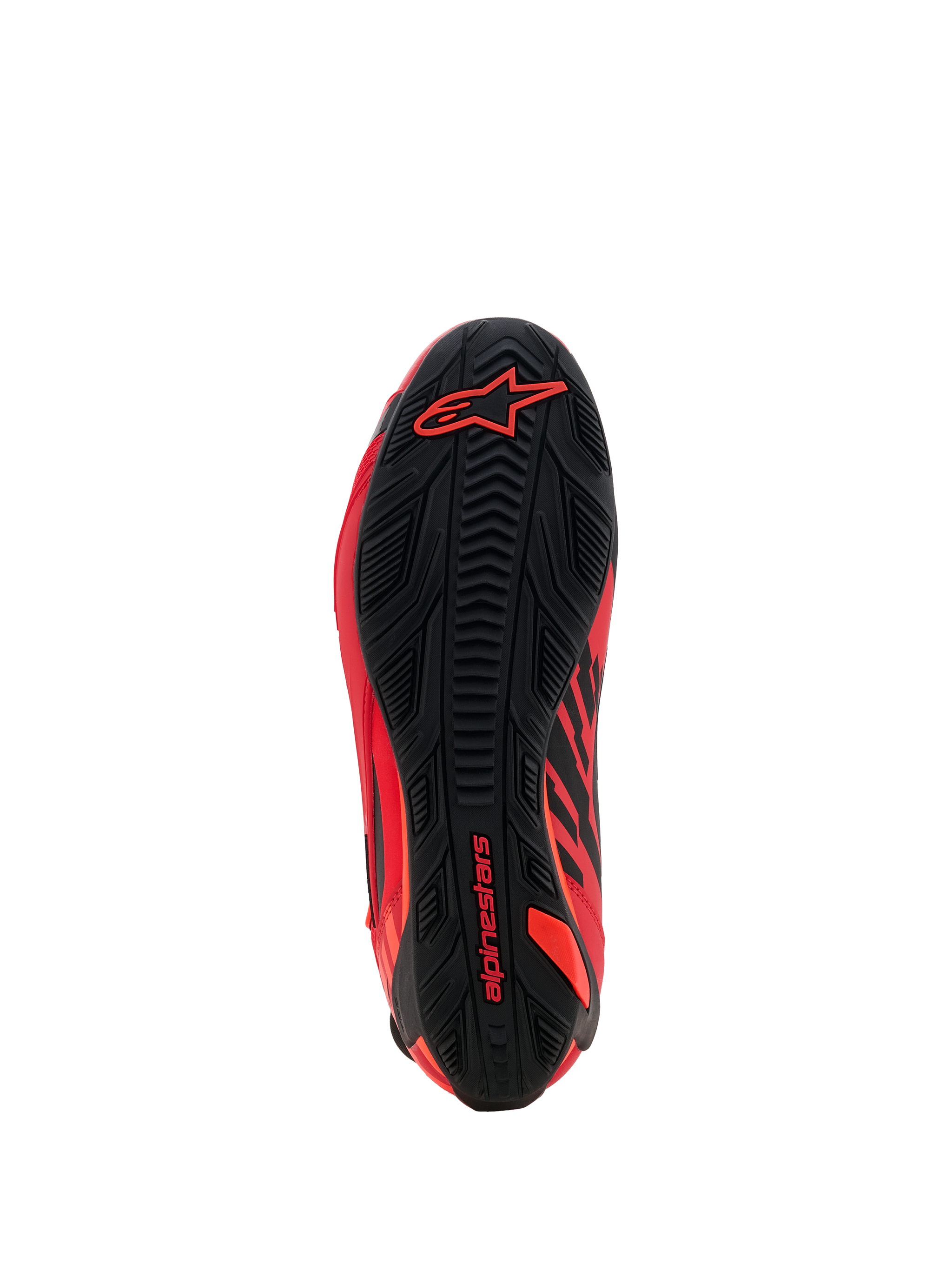 Scarpe Alpinestars MM93 Faster-4, scarpe da moto, rosso fluo, rosso brillante e nero, vista della suola con motivo dell'aderenza in gomma testurizzata, logo Alpinestars rosso su tallone e avampiede, design di calzature sportive e da corsa ad alte prestazioni