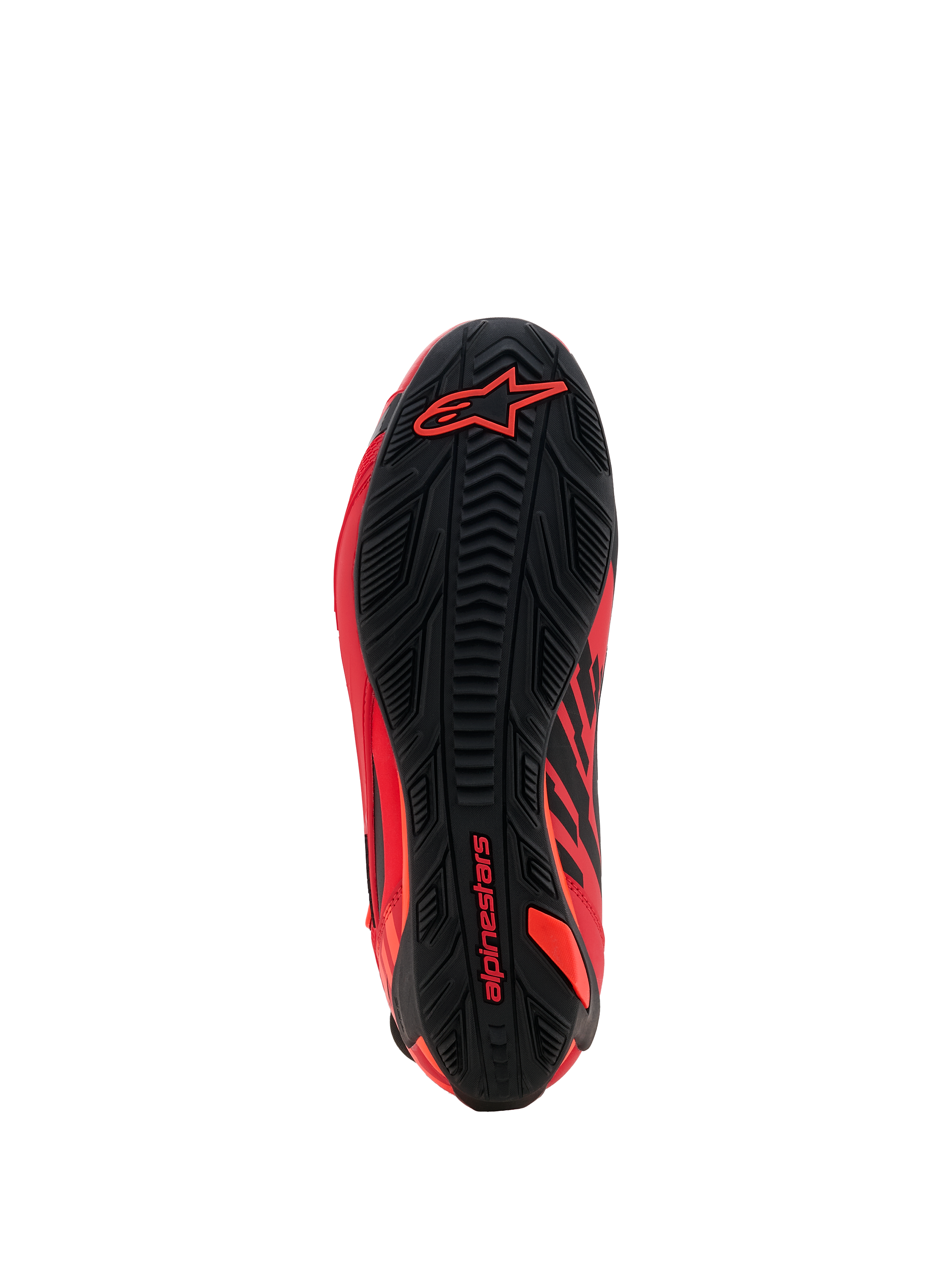 Scarpe Alpinestars MM93 Faster-4, scarpe da moto, rosso fluo, rosso brillante e nero, vista della suola con motivo dell'aderenza in gomma testurizzata, logo Alpinestars rosso su tallone e avampiede, design di calzature sportive e da corsa ad alte prestazioni