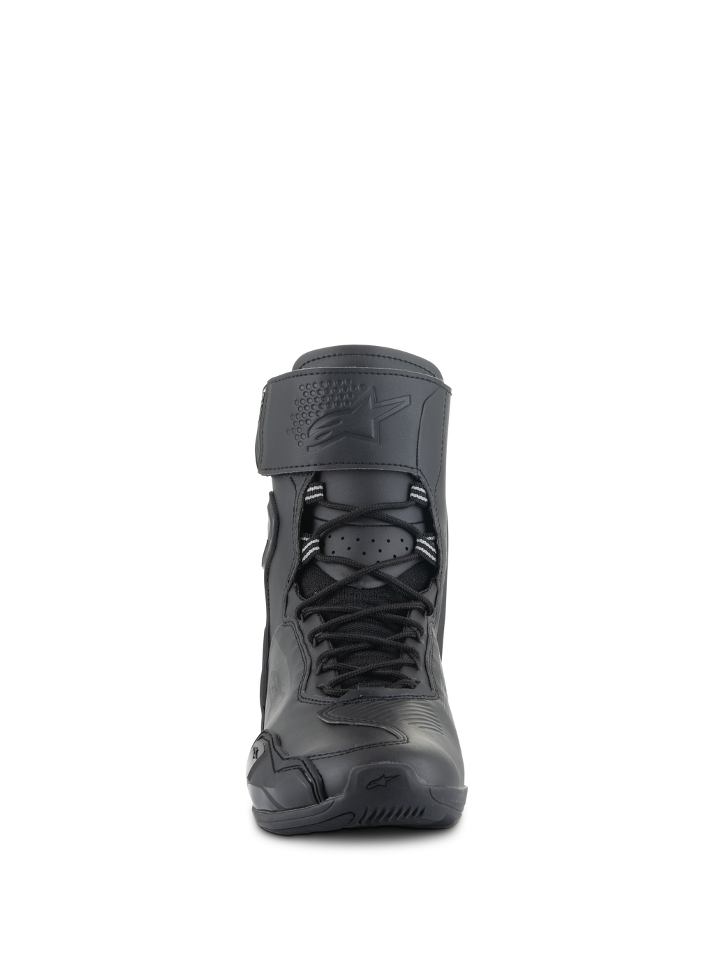 Alpinestars Superfaster Riding Shoes, Nero, vista frontale di calzature da moto alte con sistema di allacciatura rapida, ampia fascia superiore con logo in rilievo e design protettivo aerodinamico