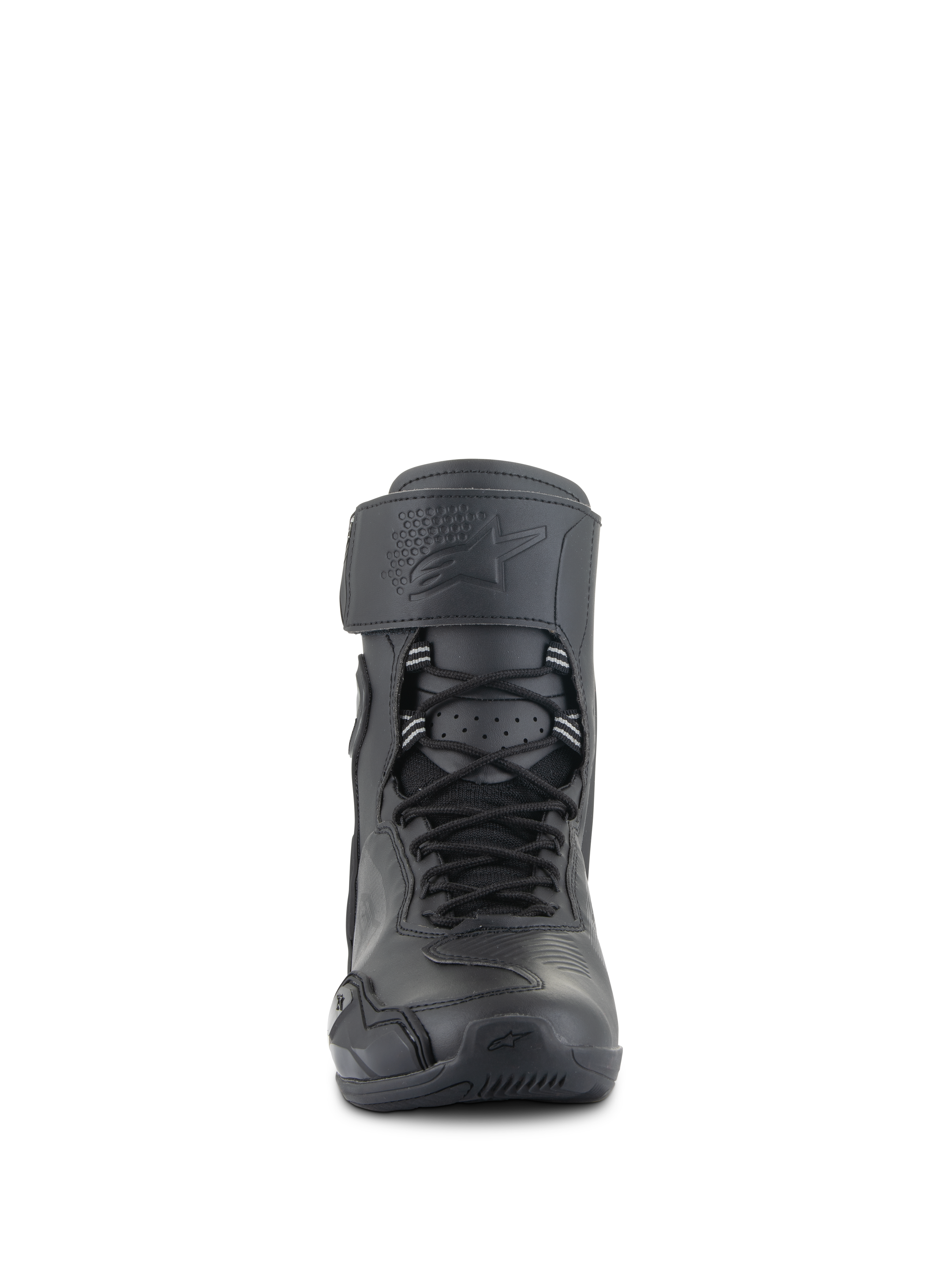 Alpinestars Superfaster Riding Shoes, Nero, vista frontale di calzature da moto alte con sistema di allacciatura rapida, ampia fascia superiore con logo in rilievo e design protettivo aerodinamico