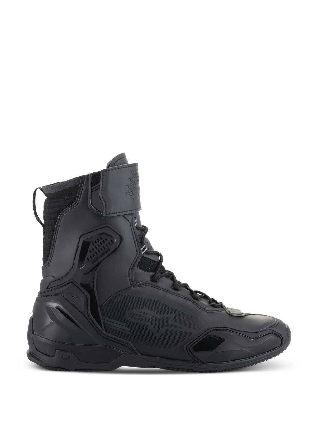 Scarpe Alpinestars Superfaster, scarpe da moto, nero, vista laterale di calzature tecniche alte con protezione integrata, sistema di allacciatura rapida e cinturino in velcro sulla caviglia