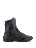 Scarpe Alpinestars Superfaster, scarpe da moto, nero, vista laterale di calzature tecniche alte con protezione integrata, sistema di allacciatura rapida e cinturino in velcro sulla caviglia