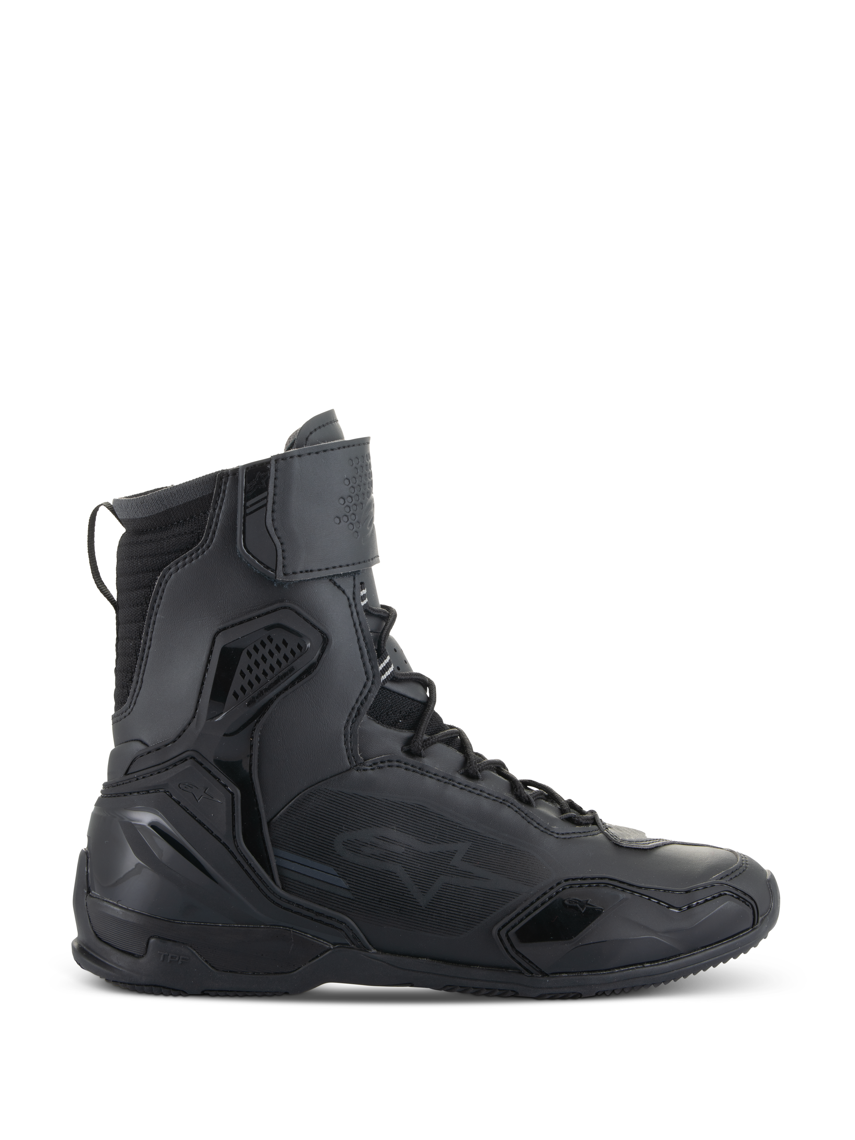 Scarpe Alpinestars Superfaster, scarpe da moto, nero, vista laterale di calzature tecniche alte con protezione integrata, sistema di allacciatura rapida e cinturino in velcro sulla caviglia