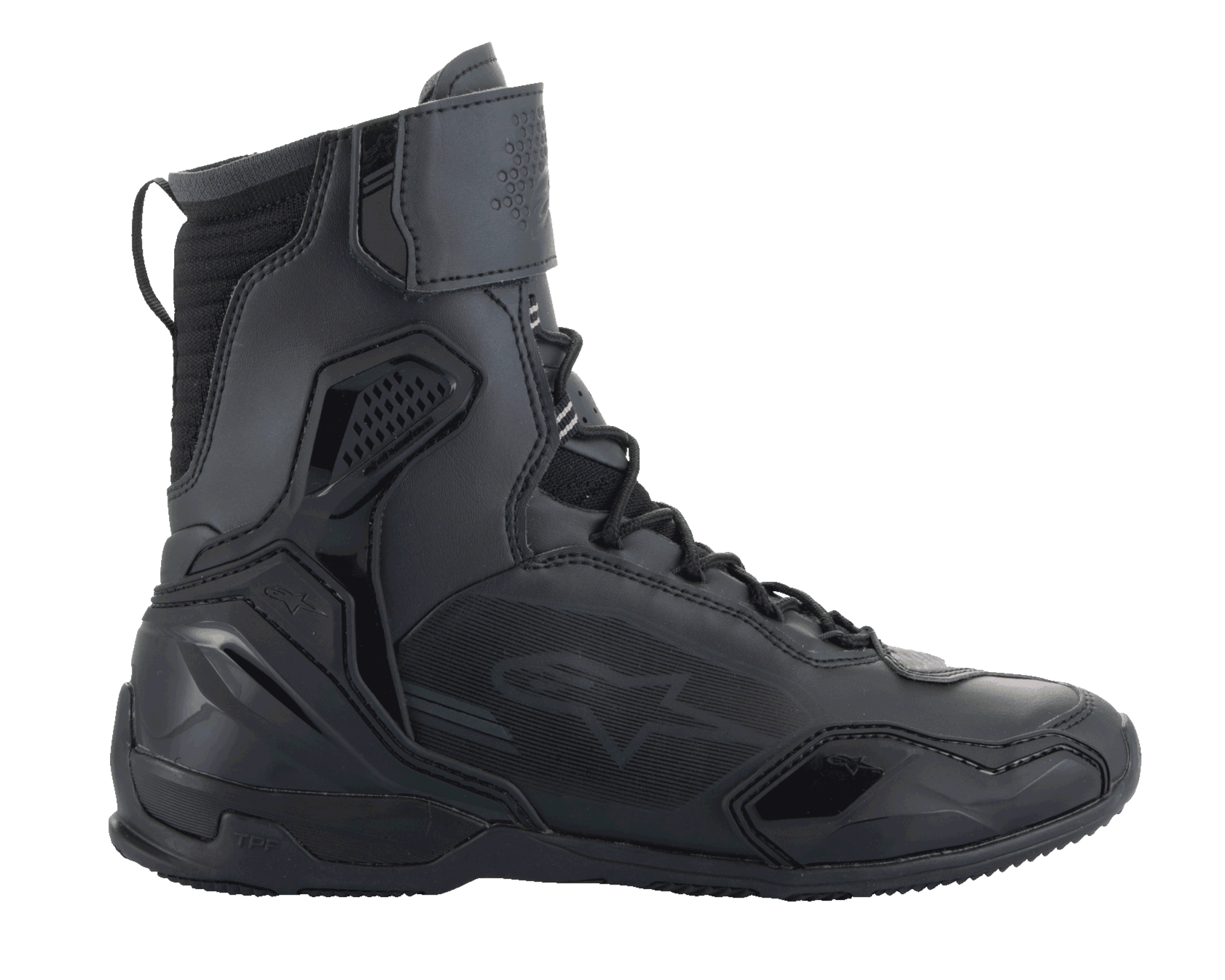 Scarpe Alpinestars Superfaster, scarpe da moto, nero, profilo alto high-top con sistema di allacciatura rapida e cinturino sulla caviglia, dotate di pannelli in microfibra e Rideknit, contrafforte del tallone rinforzato in TPU e protezione sulla punta, design sportivo per guida su strada