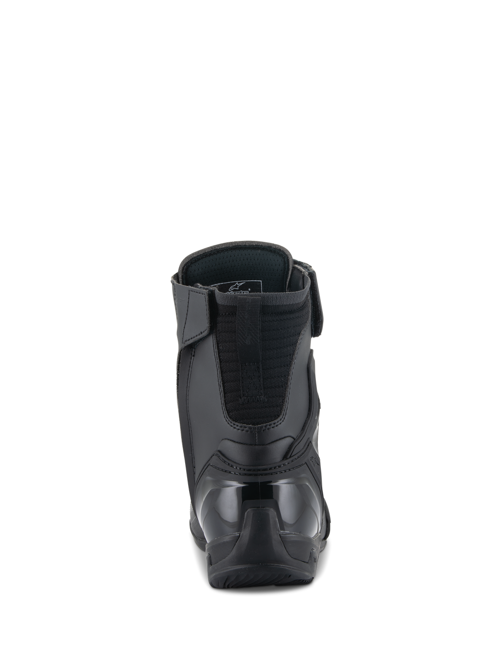 Alpinestars Superfaster Shoes, scarpe da moto, nero, vista posteriore con contrafforte del tallone in TPU rinforzato ed estensione imbottita del tendine d'Achille, design high-top elegante per la protezione nella guida sportiva
