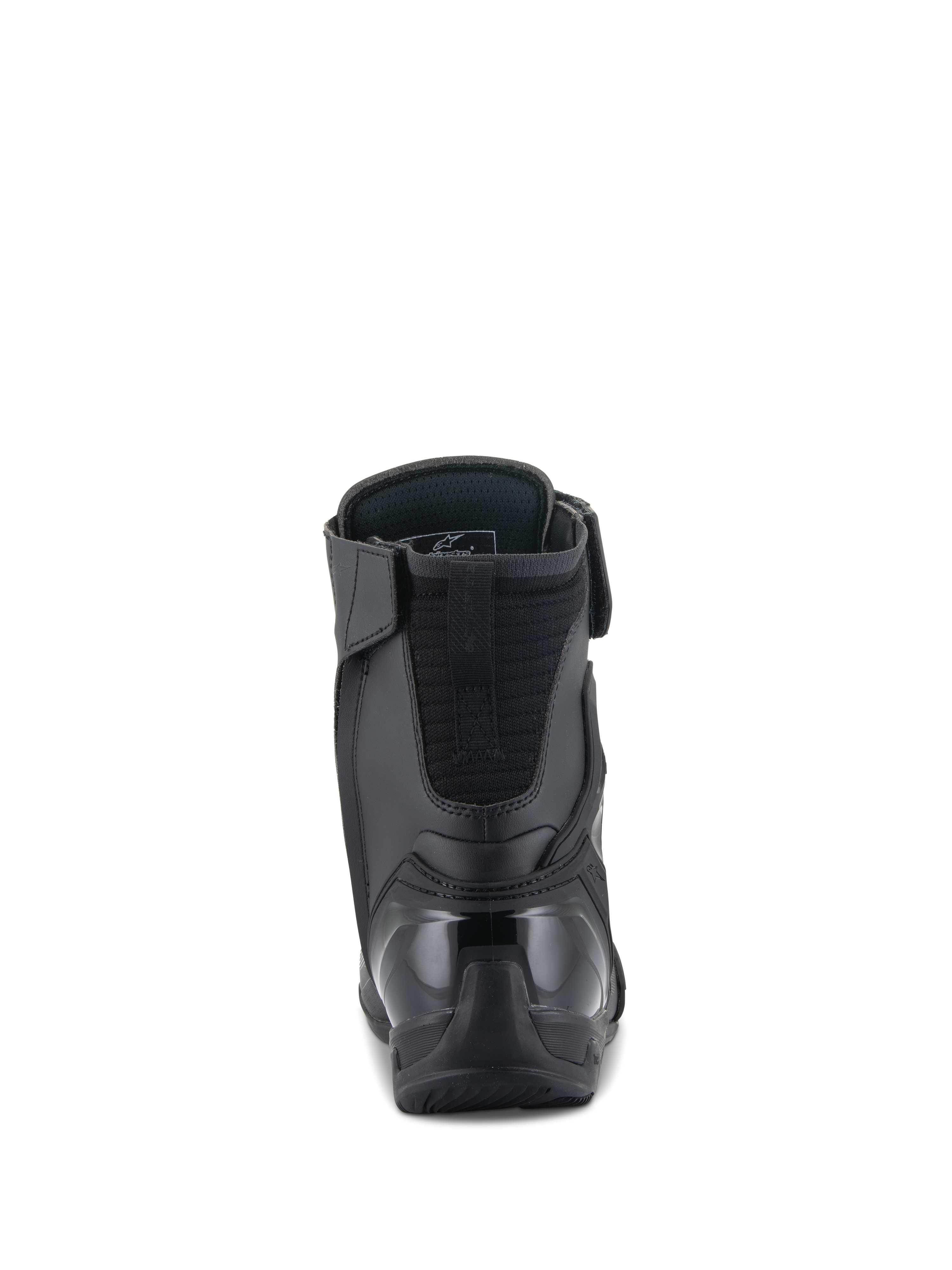 Alpinestars Superfaster Shoes, scarpe da moto, nero, vista posteriore con contrafforte del tallone in TPU rinforzato ed estensione imbottita del tendine d'Achille, design high-top elegante per la protezione nella guida sportiva