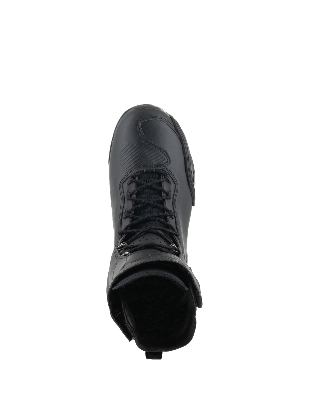 Scarpe Alpinestars Superfaster, scarpe da moto, nero su nero, vista dall'alto che mette in risalto il sistema di allacciatura rapida e il colletto alto, design tecnico elegante con zona della punta rinforzata.