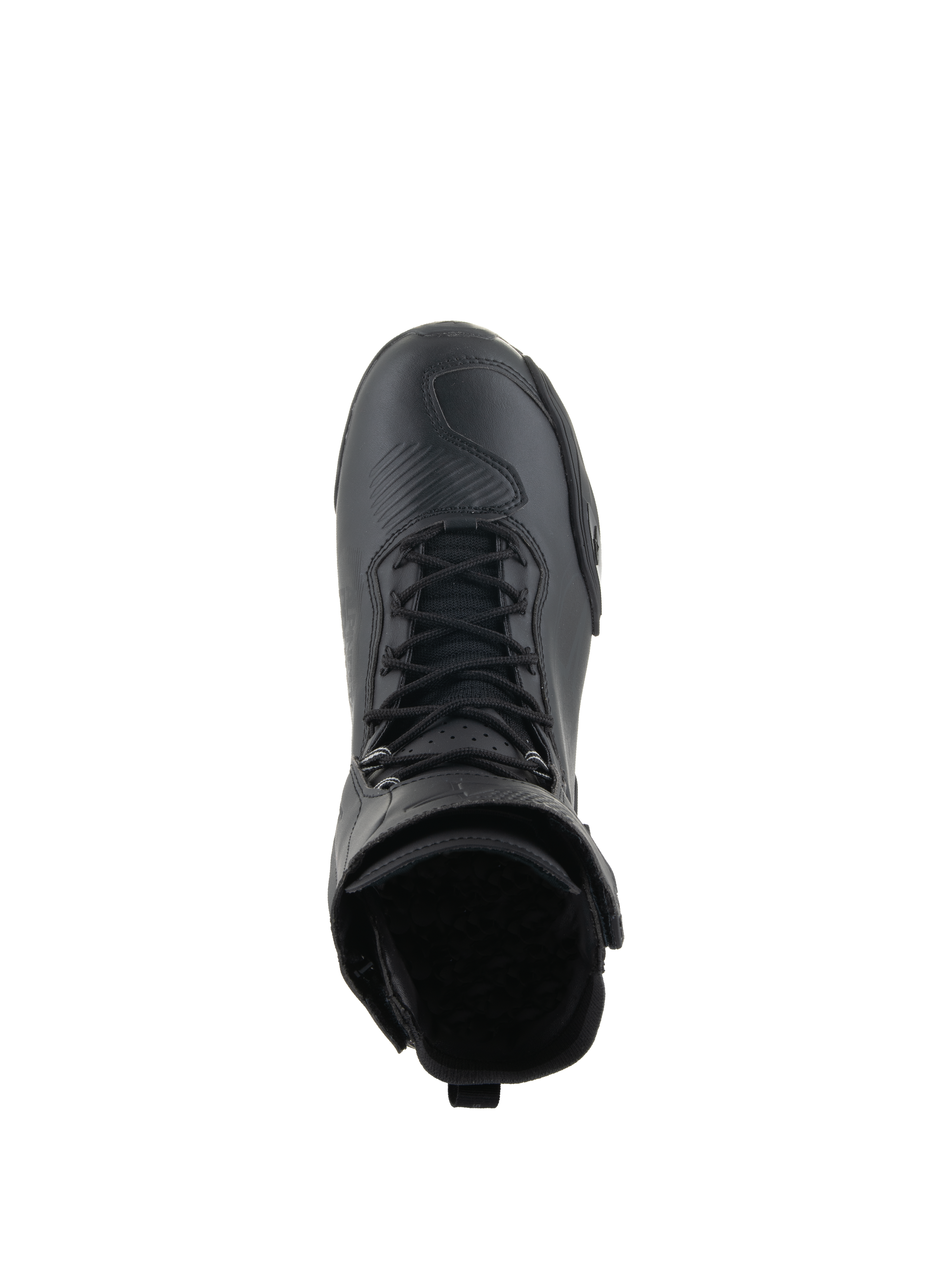 Scarpe Alpinestars Superfaster, scarpe da moto, nero su nero, vista dall'alto che mette in risalto il sistema di allacciatura rapida e il colletto alto, design tecnico elegante con zona della punta rinforzata.