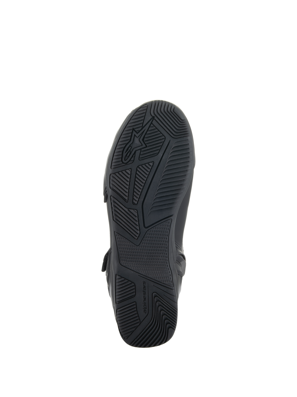 Scarpe Alpinestars Superfaster, nero, vista dal basso della suola in gomma con grip ingegnerizzato e motivi del battistrada, logo e marchio Alpinestars, progettate per la stabilità alla guida della moto.