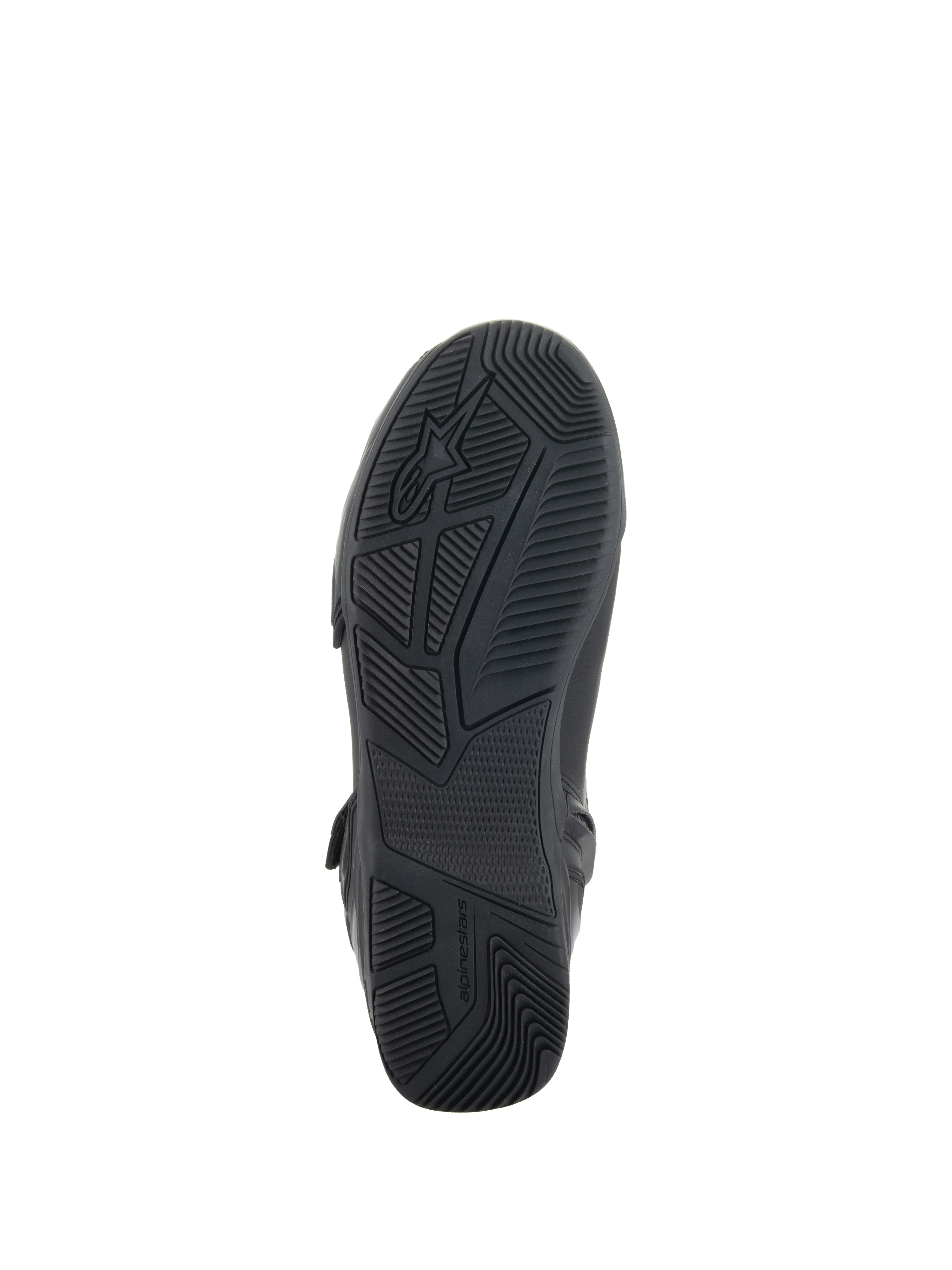 Scarpe Alpinestars Superfaster, nero, vista dal basso della suola in gomma con grip ingegnerizzato e motivi del battistrada, logo e marchio Alpinestars, progettate per la stabilità alla guida della moto.