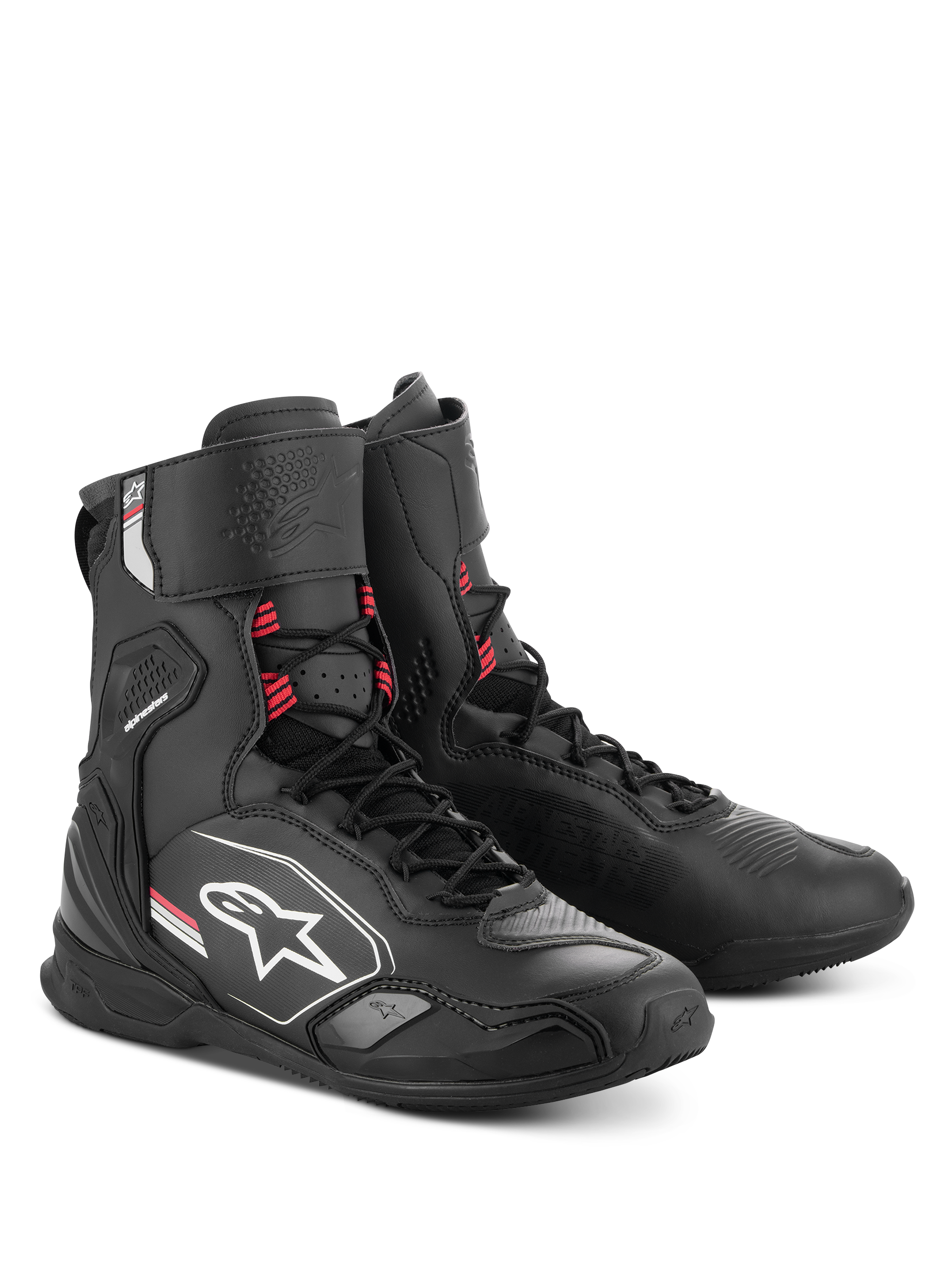Scarpe Alpinestars Superfaster, scarpe da moto, nero, grigio e rosso acceso, profilo alto con protezione integrata per tibia e caviglia, sistema di allacciatura rapida, design sportivo con logo Alpinestars
