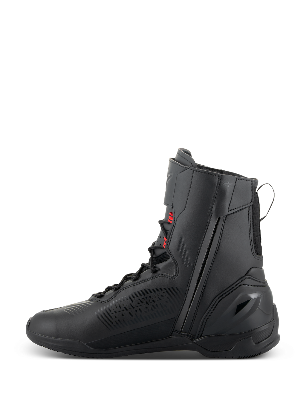 Scarpe Alpinestars Superfaster, scarpe da moto, nero, grigio e rosso acceso, profilo alto con cerniera laterale mediale e lacci rapidi, costruzione tecnica in microfibra e Rideknit per la guida su strada
