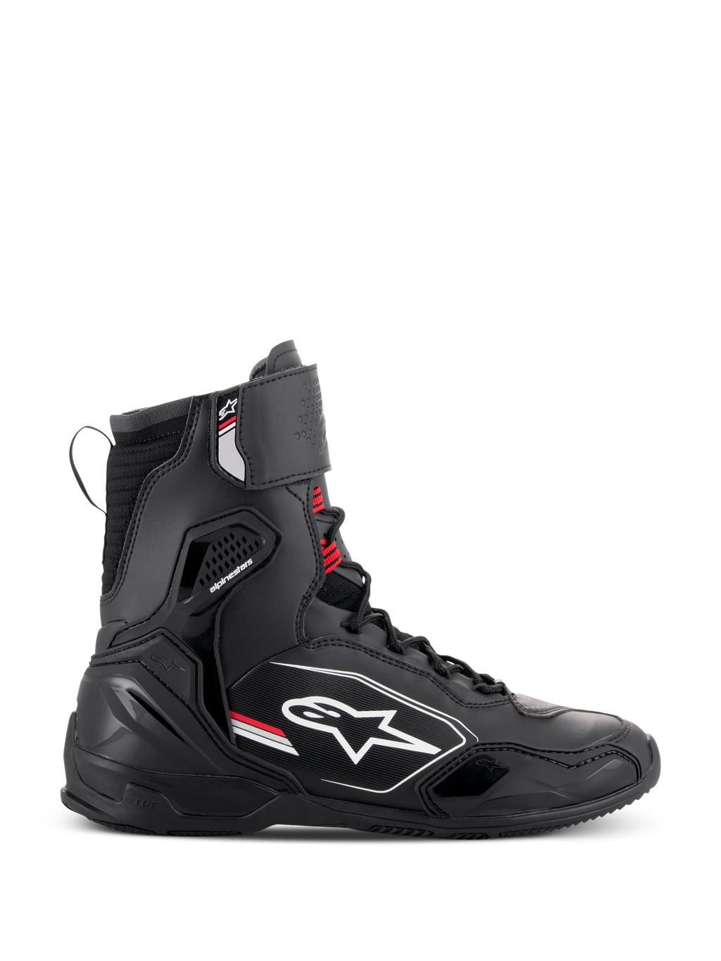 Scarpe Alpinestars Superfaster, scarpe da moto a taglio alto, nero, grigio e rosso acceso, vista laterale di profilo con il logo Alpinestars bianco, protezione rinforzata per caviglia e tallone, sistema di allacciatura con cinturino superiore.