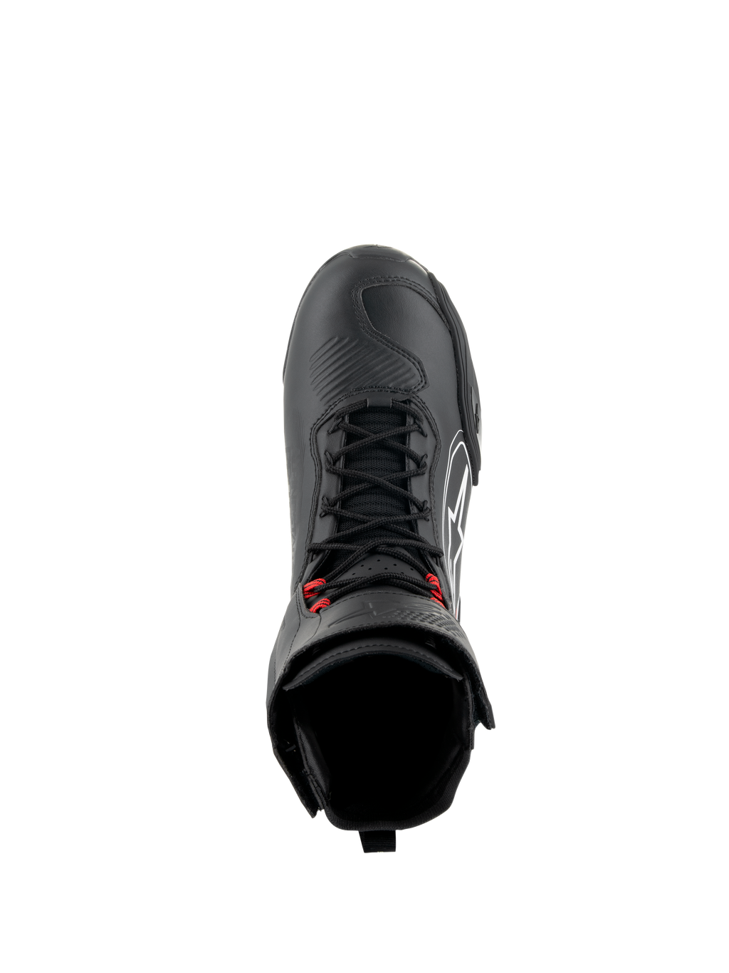 Alpinestars Superfaster Shoes, scarpe da moto nero, grigio e rosso acceso, vista dall'alto con lacci rapidi neri e accenti rossi, punta rinforzata e collo alto, calzature tecniche per guida su strada e sportiva