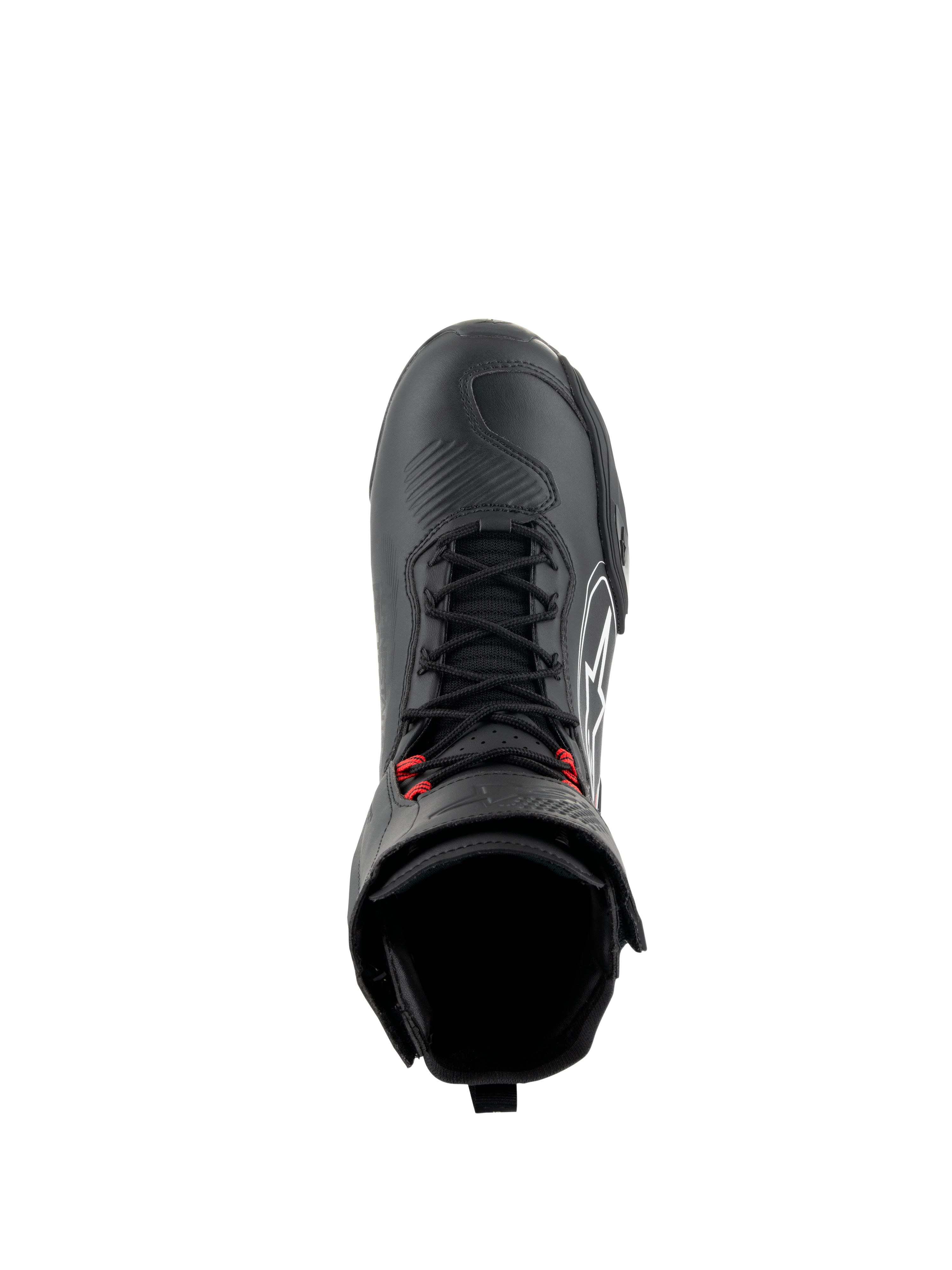 Alpinestars Superfaster Shoes, scarpe da moto nero, grigio e rosso acceso, vista dall'alto con lacci rapidi neri e accenti rossi, punta rinforzata e collo alto, calzature tecniche per guida su strada e sportiva