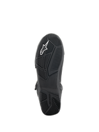 Scarpe Alpinestars Superfaster, Nero/Grigio/Rosso Brillante, vista della suola in gomma nera con battistrada ingegnerizzato per il grip, integrazione del telaio di protezione TPF e logo Alpinestars bianco.