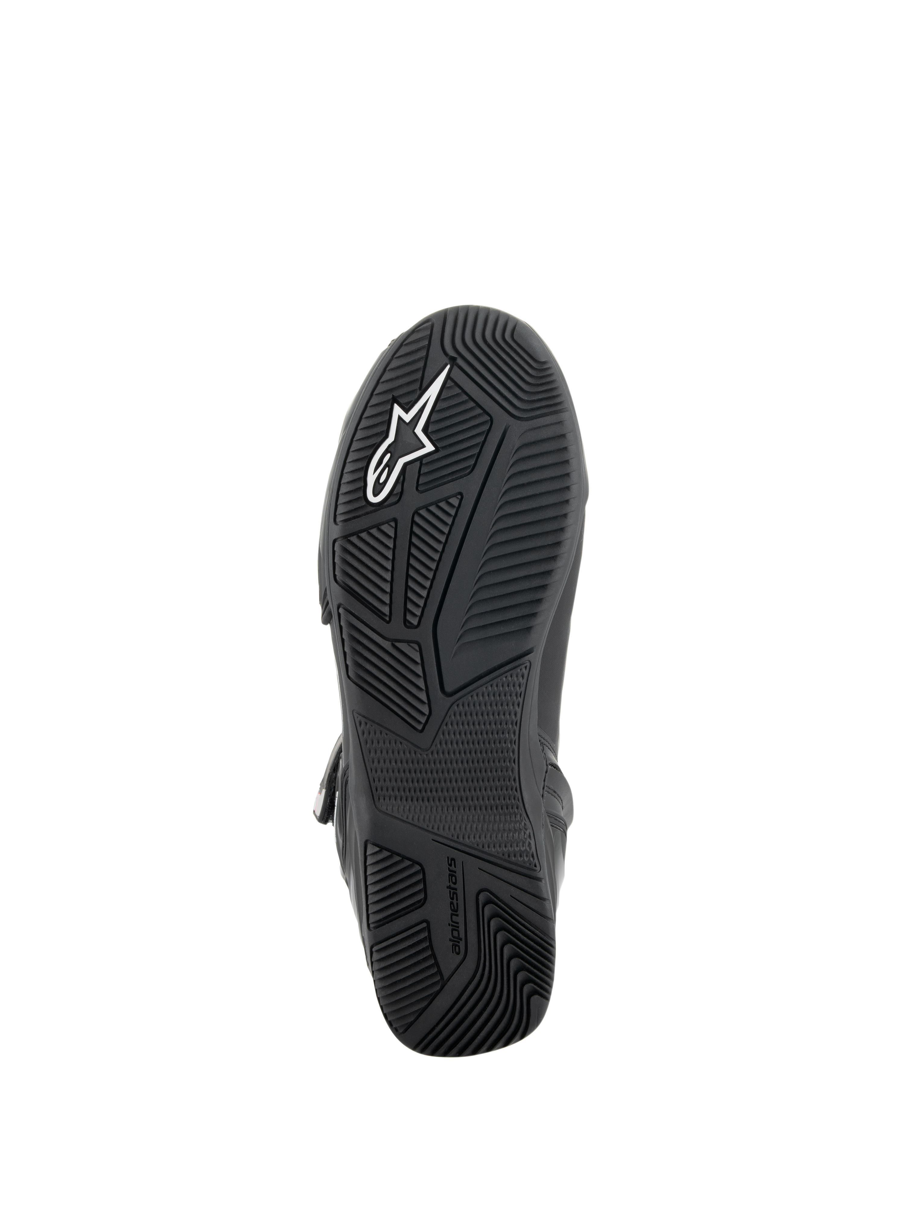 Scarpe Alpinestars Superfaster, Nero/Grigio/Rosso Brillante, vista della suola in gomma nera con battistrada ingegnerizzato per il grip, integrazione del telaio di protezione TPF e logo Alpinestars bianco.