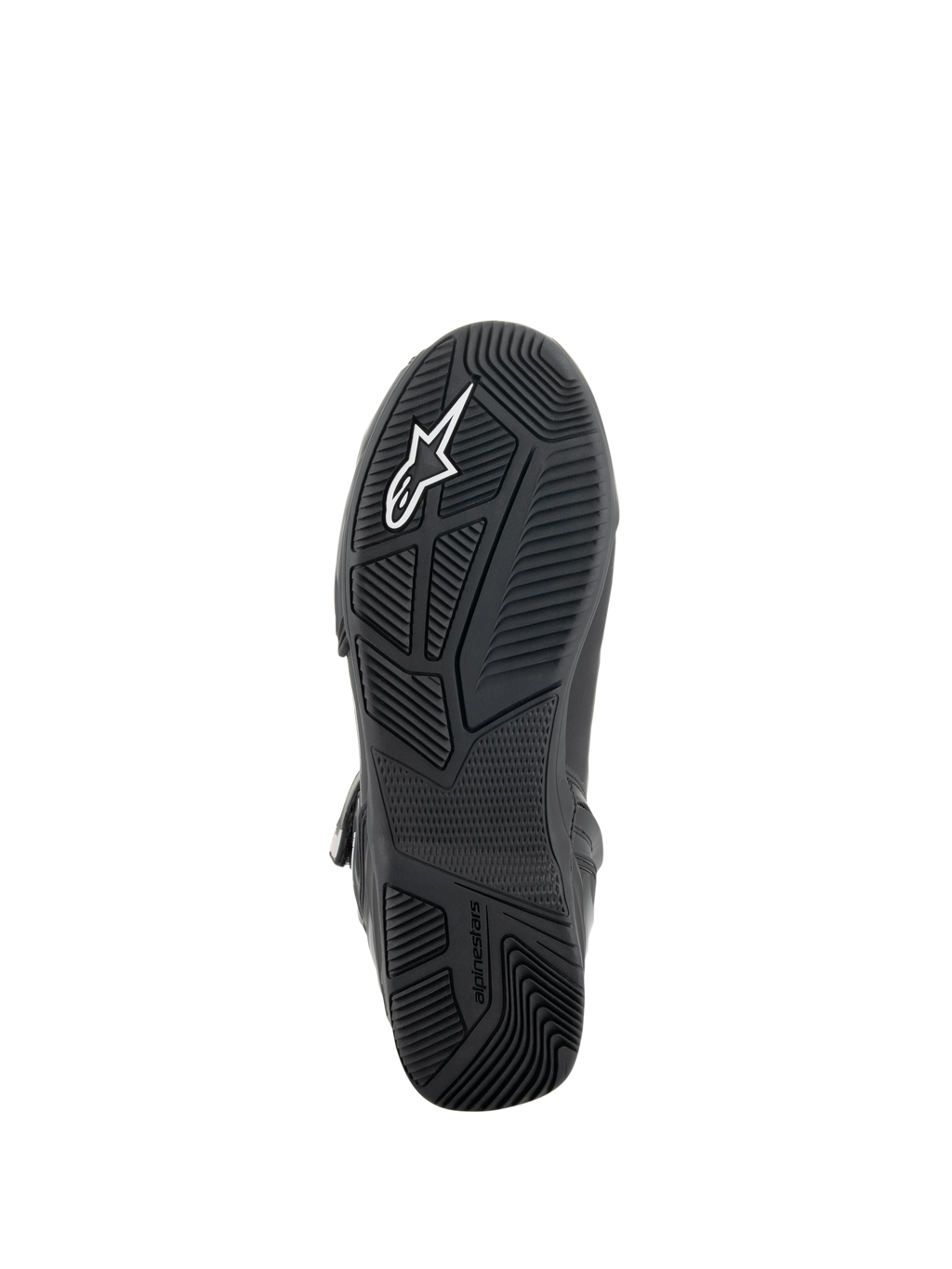 Scarpe Alpinestars Superfaster, vista dal basso della suola, suola esterna in gomma nera con motivi di aderenza multidirezionali, logo Alpinestars bianco e marchio in rilievo, calzatura tecnica per la guida della moto