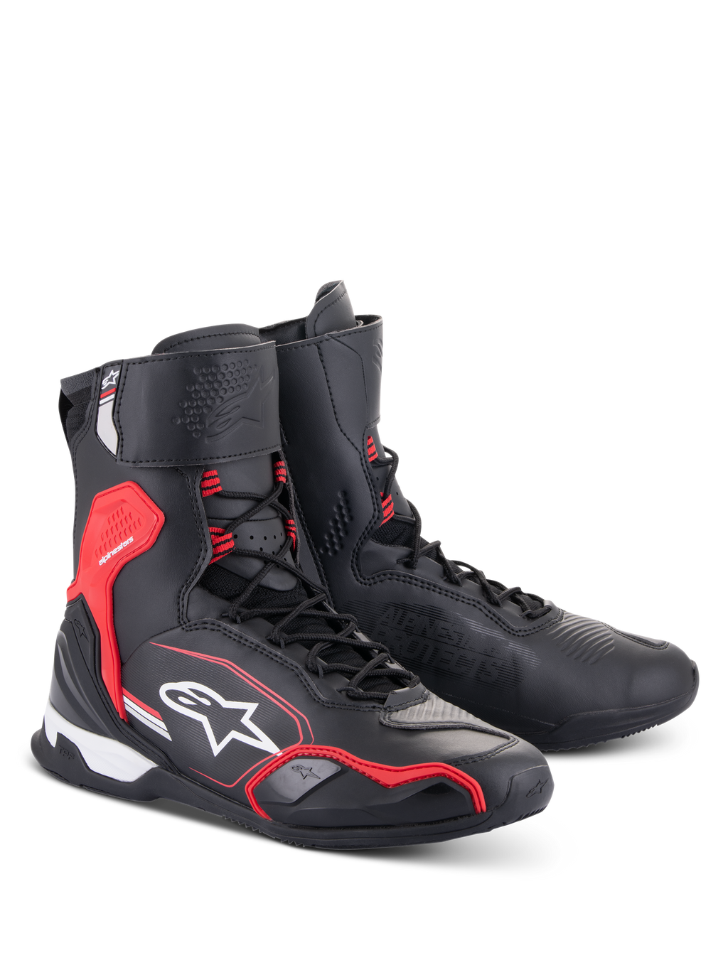 Scarpe Alpinestars Superfaster, scarpe da moto, nero, rosso brillante e bianco, design a taglio alto con sistema di allacciatura rapida, protezione rinforzata su caviglia e tallone, con logo Alpinestars e struttura in microfibra tecnica