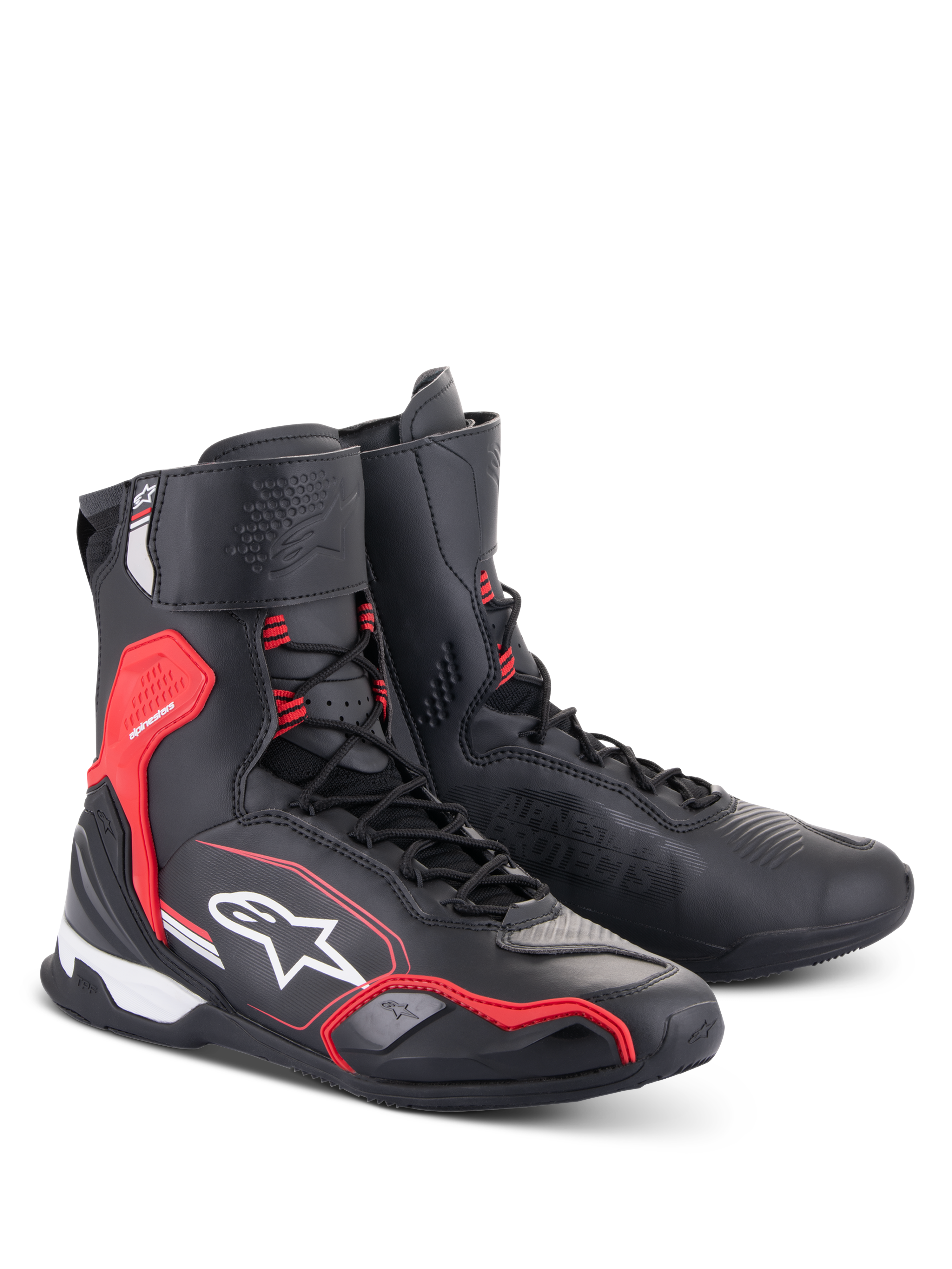 Scarpe Alpinestars Superfaster, scarpe da moto, nero, rosso brillante e bianco, design a taglio alto con sistema di allacciatura rapida, protezione rinforzata su caviglia e tallone, con logo Alpinestars e struttura in microfibra tecnica