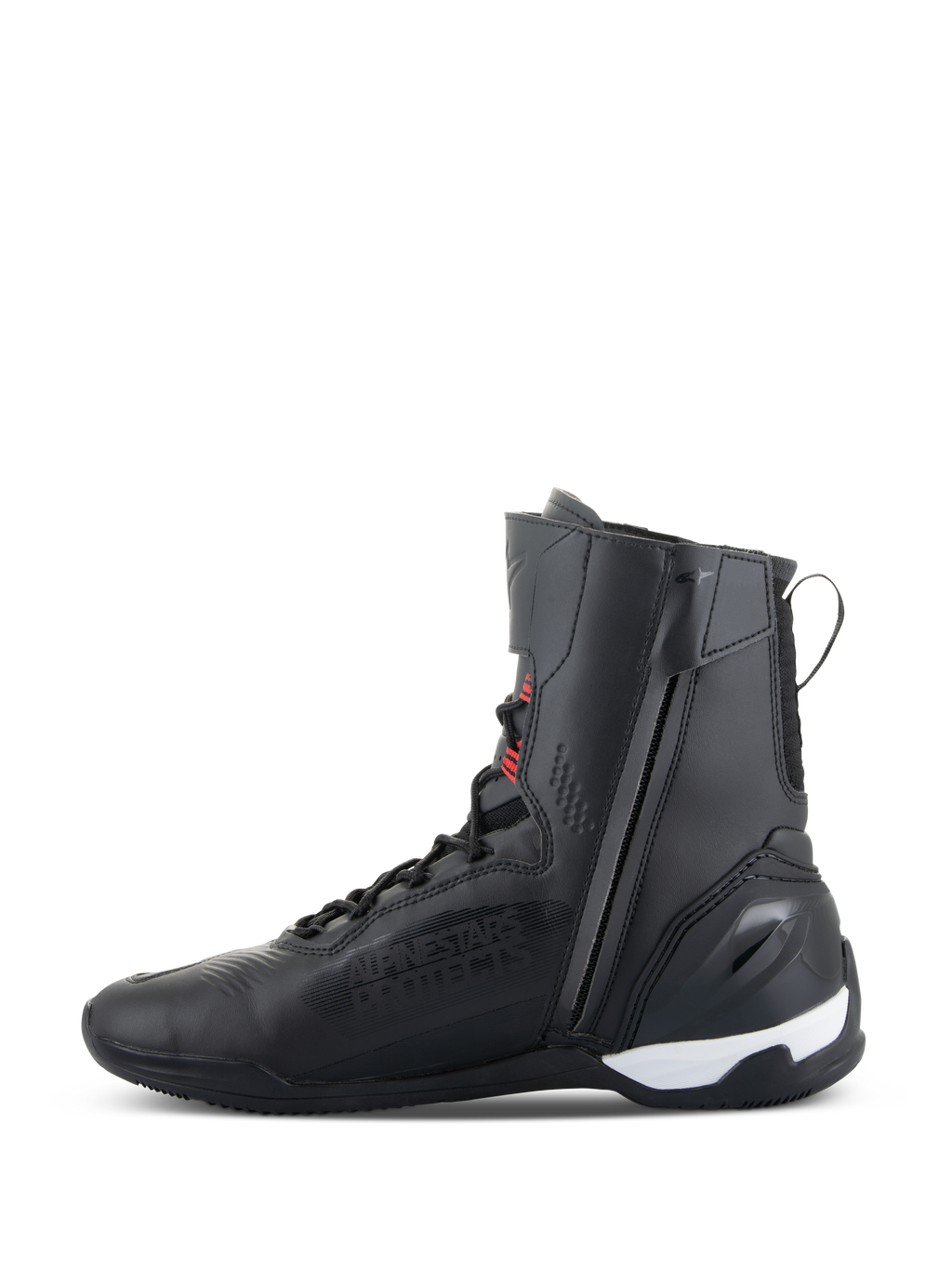 Alpinestars Superfaster Shoes, scarpe da moto alte, nero con accenti rosso brillante e bianco, dotate di cerniera mediale laterale, sistema di allacciatura rapida e contrafforte del tallone in TPU rinforzato, design atletico ed elegante per guida su strada e sportiva