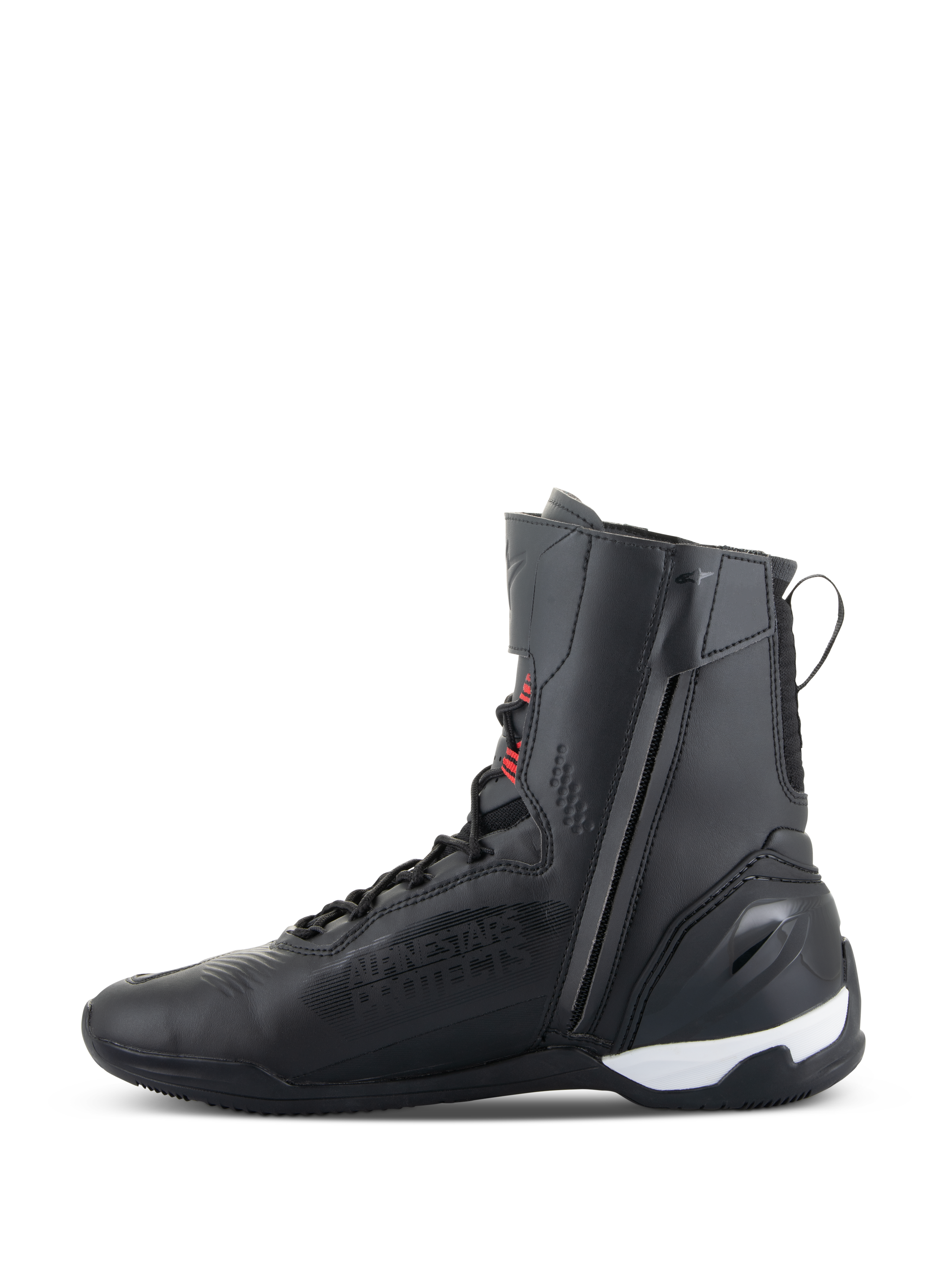 Alpinestars Superfaster Shoes, scarpe da moto alte, nero con accenti rosso brillante e bianco, dotate di cerniera mediale laterale, sistema di allacciatura rapida e contrafforte del tallone in TPU rinforzato, design atletico ed elegante per guida su strada e sportiva