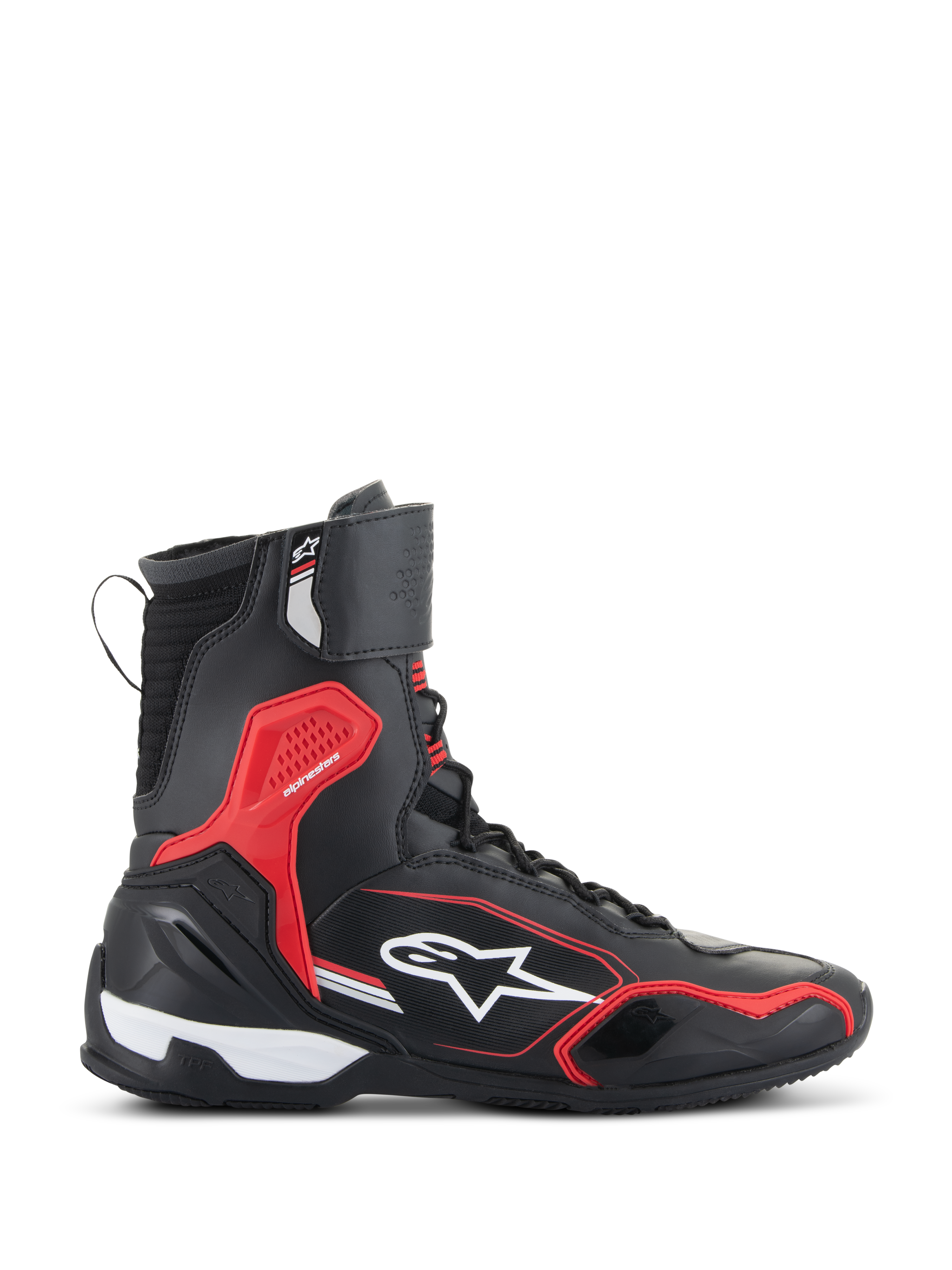 Scarpe Alpinestars Superfaster, scarpe da moto, nero, rosso brillante e bianco, vista laterale con colletto alto, protezione dagli impatti in TPU rosso e logo Alpinestars bianco, calzature protettive da strada dal design sportivo