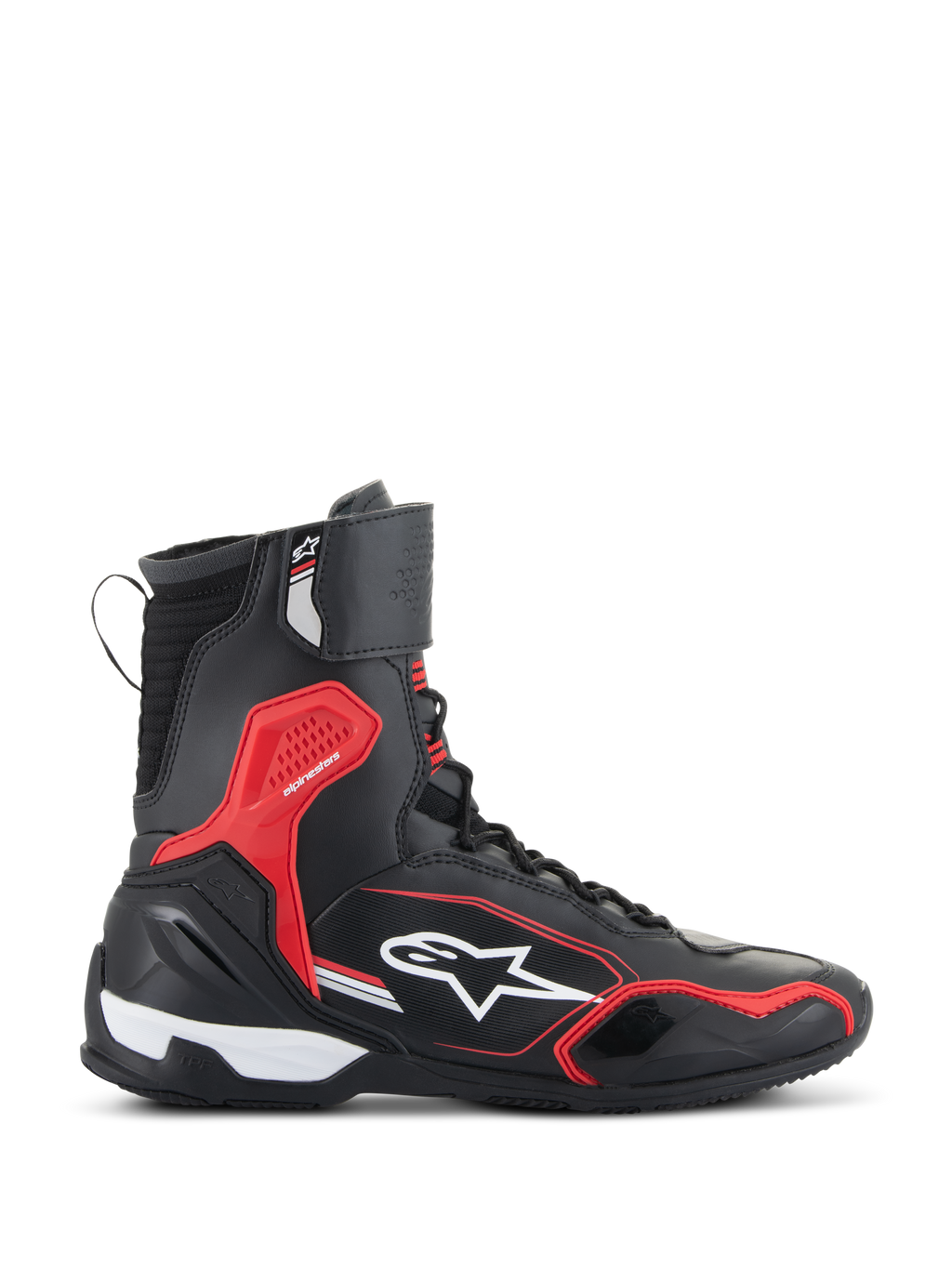 Alpinestars Scarpe Superfaster, nero, rosso vivace e bianco, scarpa da moto alta con pannelli in microfibra e Rideknit, inserti protettivi in TPU rossi e logo a stella bianco sul lato