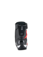 Scarpe Alpinestars Superfaster, scarpe da moto, nero, rosso acceso e bianco, vista posteriore che mostra il contrafforte del tallone in TPU rinforzato e la protezione del tendine di Achille, design tecnico high-top.