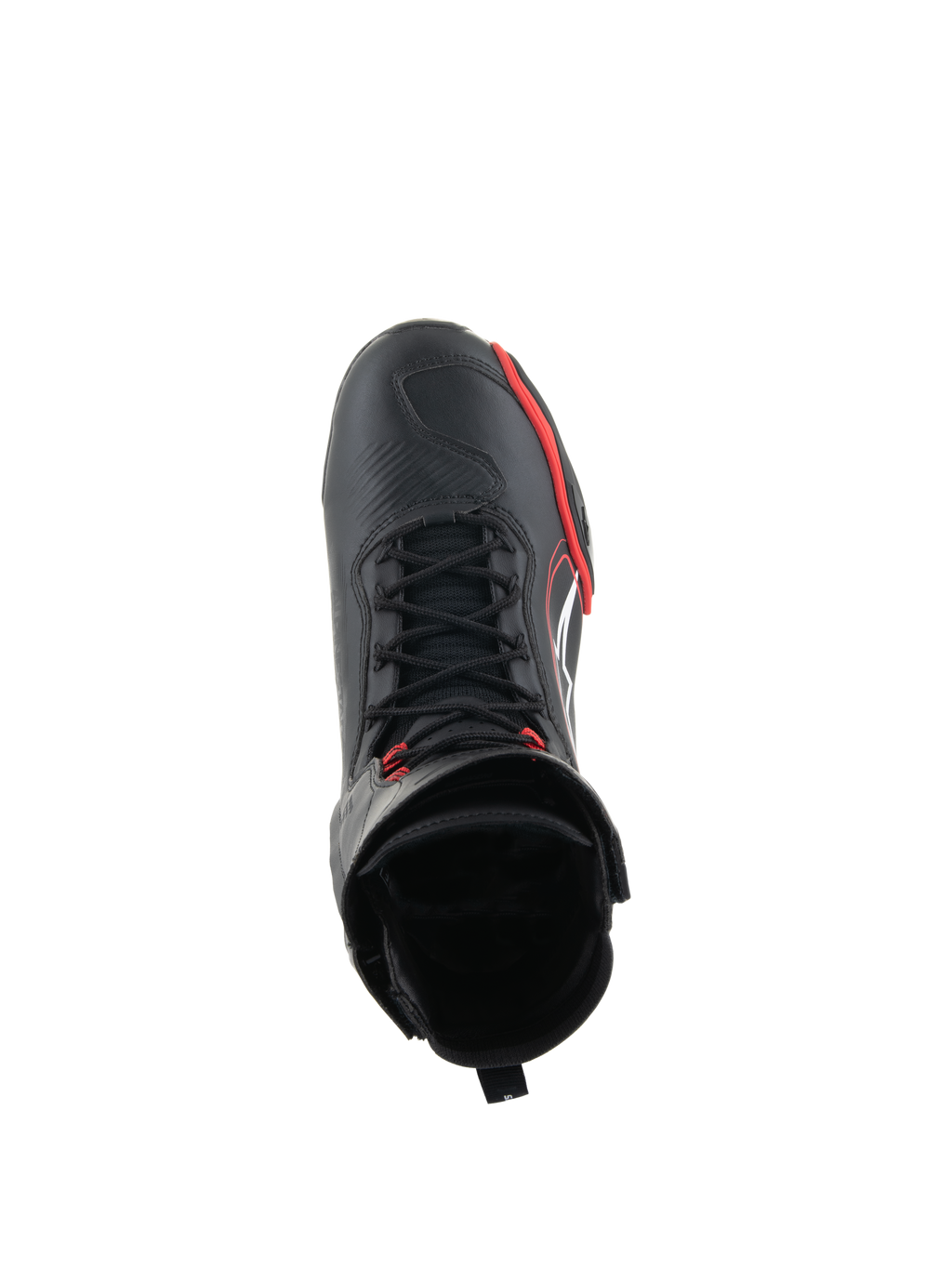Scarpe Alpinestars Superfaster, scarpe da moto, nero, rosso brillante e bianco, vista dall'alto con sistema speed lace e colletto alto, attrezzatura professionale per guida su strada e sportiva
