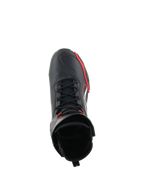 Scarpe Alpinestars Superfaster, scarpe da moto, nero, rosso brillante e bianco, vista dall'alto con sistema speed lace e colletto alto, attrezzatura professionale per guida su strada e sportiva