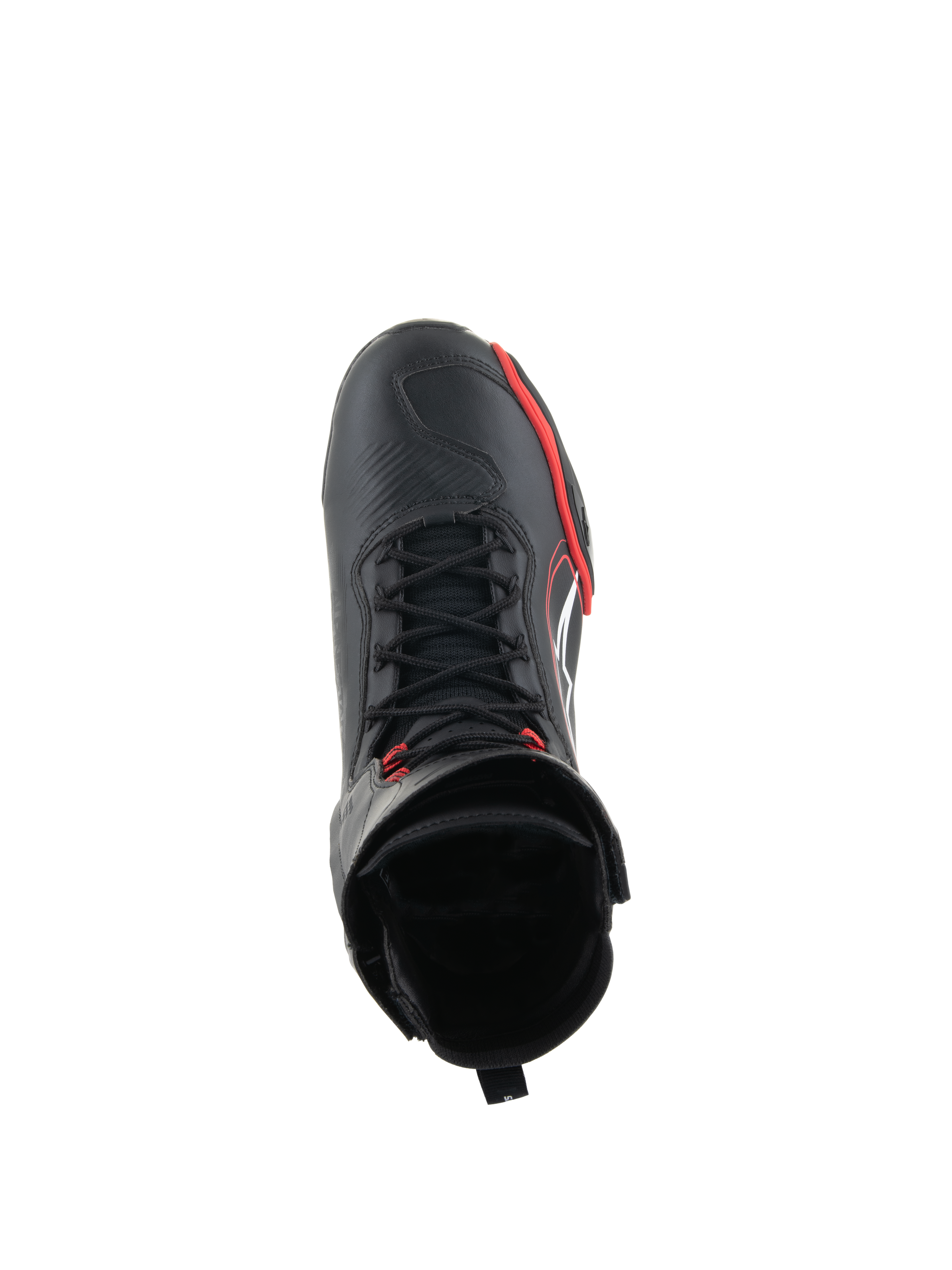 Scarpe Alpinestars Superfaster, scarpe da moto, nero, rosso brillante e bianco, vista dall'alto con sistema speed lace e colletto alto, attrezzatura professionale per guida su strada e sportiva