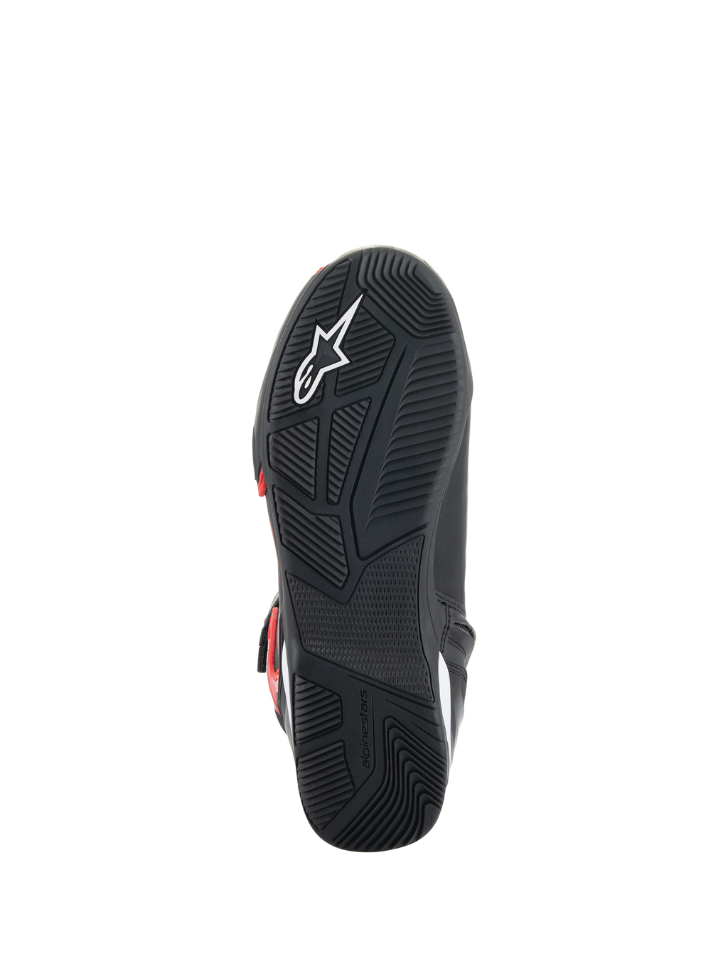 Scarpe Alpinestars Superfaster, vista della suola, suola esterna in gomma nera con motivo di grip ingegnerizzato, logo Astars bianco e marchio Alpinestars in rilievo, progettata per la guida in moto e il comfort della camminata