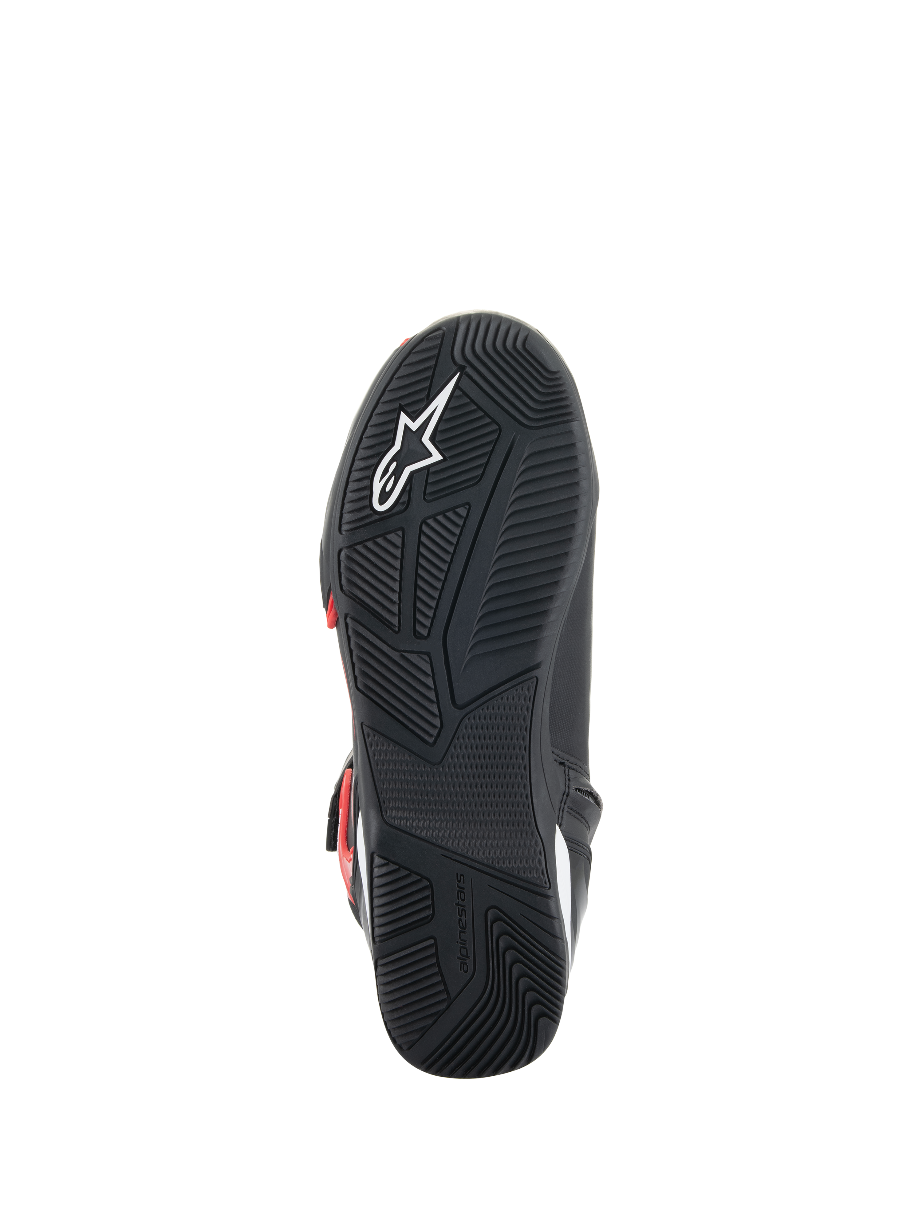 Scarpe Alpinestars Superfaster, vista della suola, suola esterna in gomma nera con motivo di grip ingegnerizzato, logo Astars bianco e marchio Alpinestars in rilievo, progettata per la guida in moto e il comfort della camminata