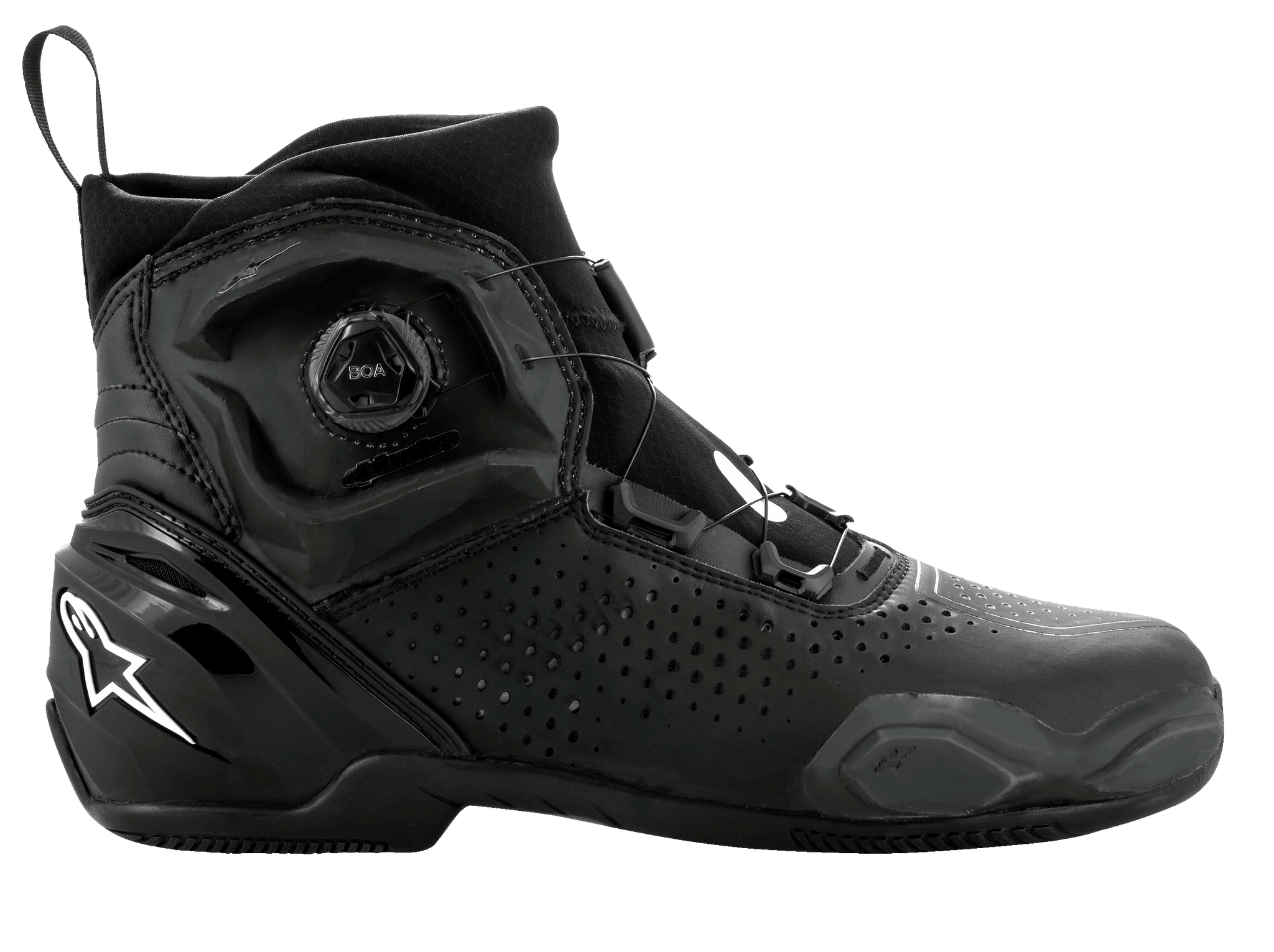 Alpinestars SP-2 Riding Shoes, scarpe sportive da moto, nero, con sistema di chiusura rapida BOA, costruzione in microfibra traforata, logo Astar bianco sul tallone, profilo sottile per la guida su strada