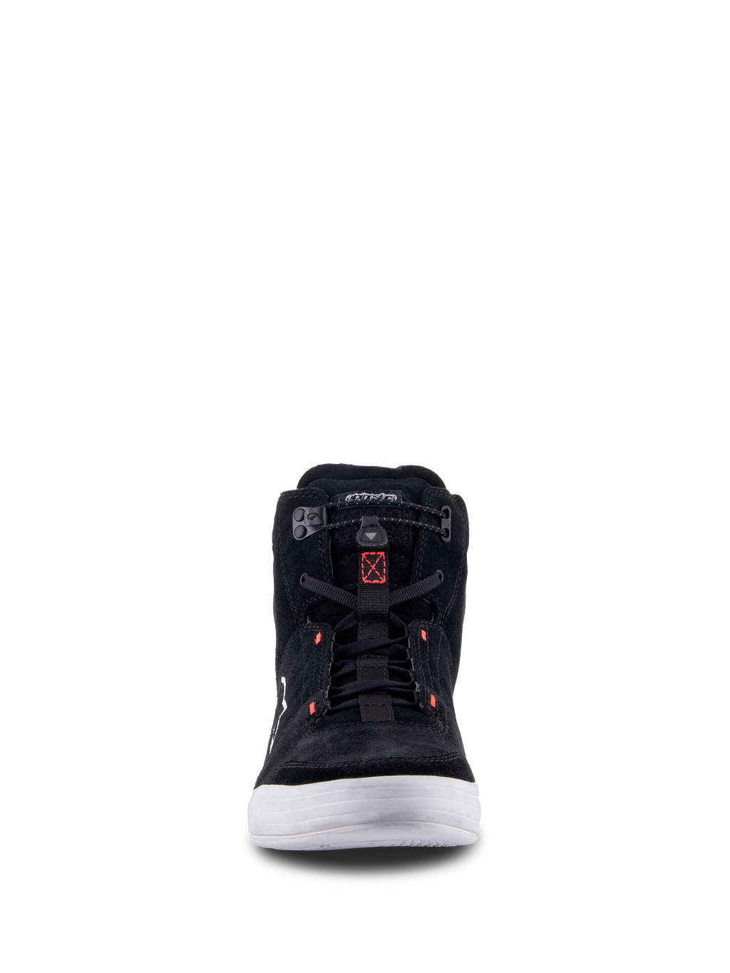 Alpinestars Chrome Shoes, Nero Cool Gray Rosso Fluo, vista frontale di scarpa da moto urbana con costruzione in camoscio diviso, suola bianca e chiusura elastica con accenti rossi