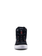 Alpinestars Chrome Shoes, Nero Cool Gray Rosso Fluo, vista frontale di scarpa da moto urbana con costruzione in camoscio diviso, suola bianca e chiusura elastica con accenti rossi