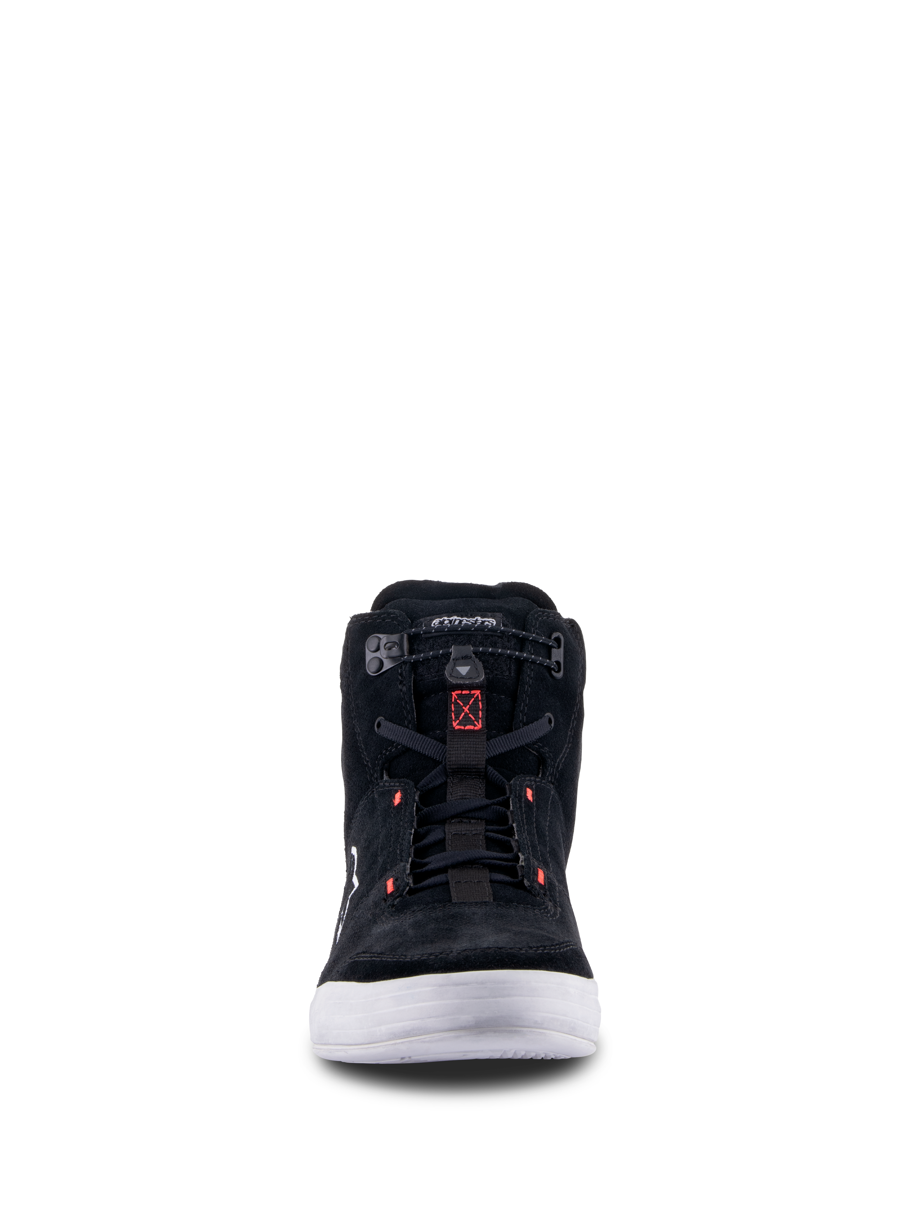 Alpinestars Chrome Shoes, Nero Cool Gray Rosso Fluo, vista frontale di scarpa da moto urbana con costruzione in camoscio diviso, suola bianca e chiusura elastica con accenti rossi