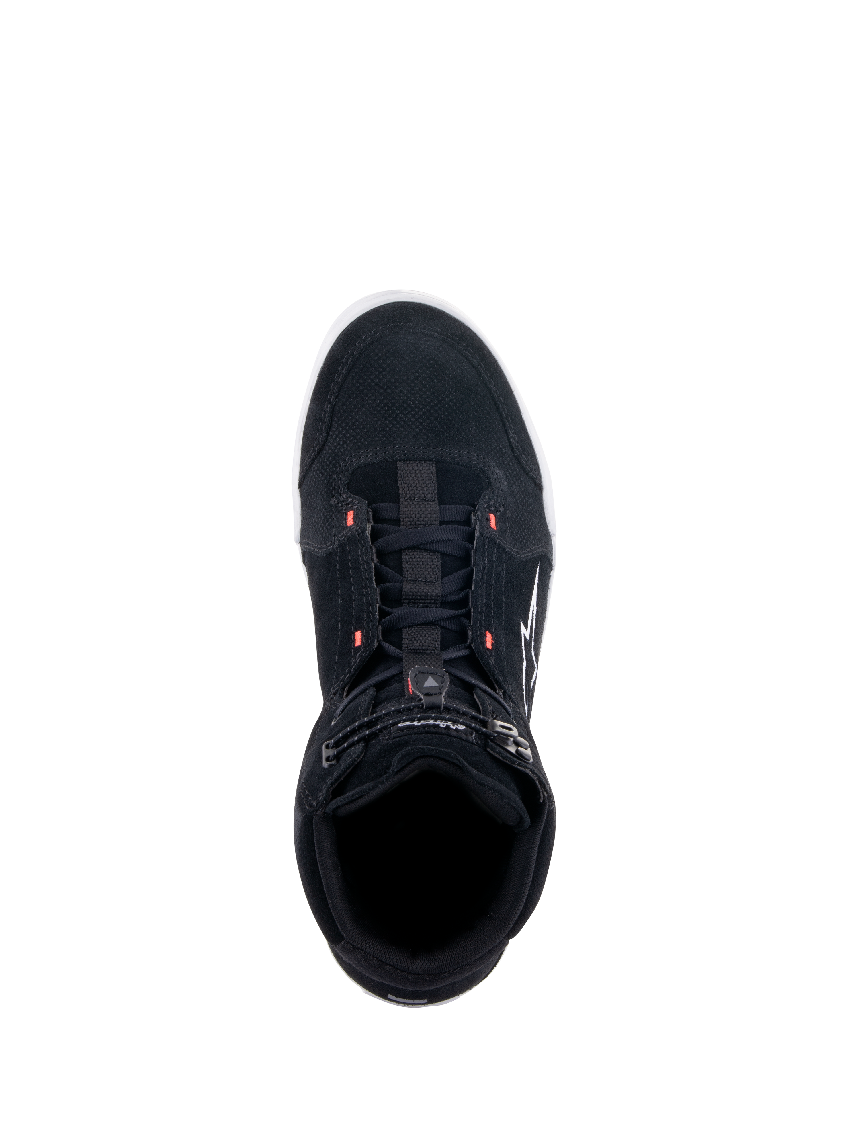 Scarpe Alpinestars Chrome, scarpe da moto nere, vista dall'alto che mostra la tomaia in camoscio spaccato con accenti rosso fluo, stile casual urbano con chiusura superiore elasticizzata e logo bianco sul lato.
