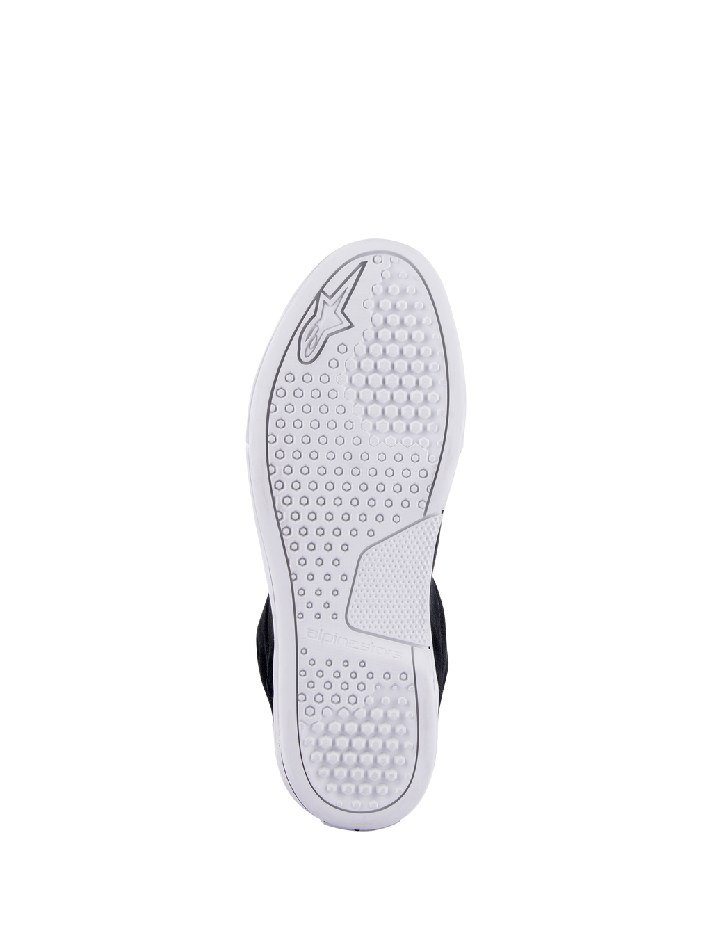 Alpinestars Chrome Shoes, vista della suola urbana avanzata bianca, con motivo di trazione esagonale e logo Alpinestars in rilievo, calzature casual da moto