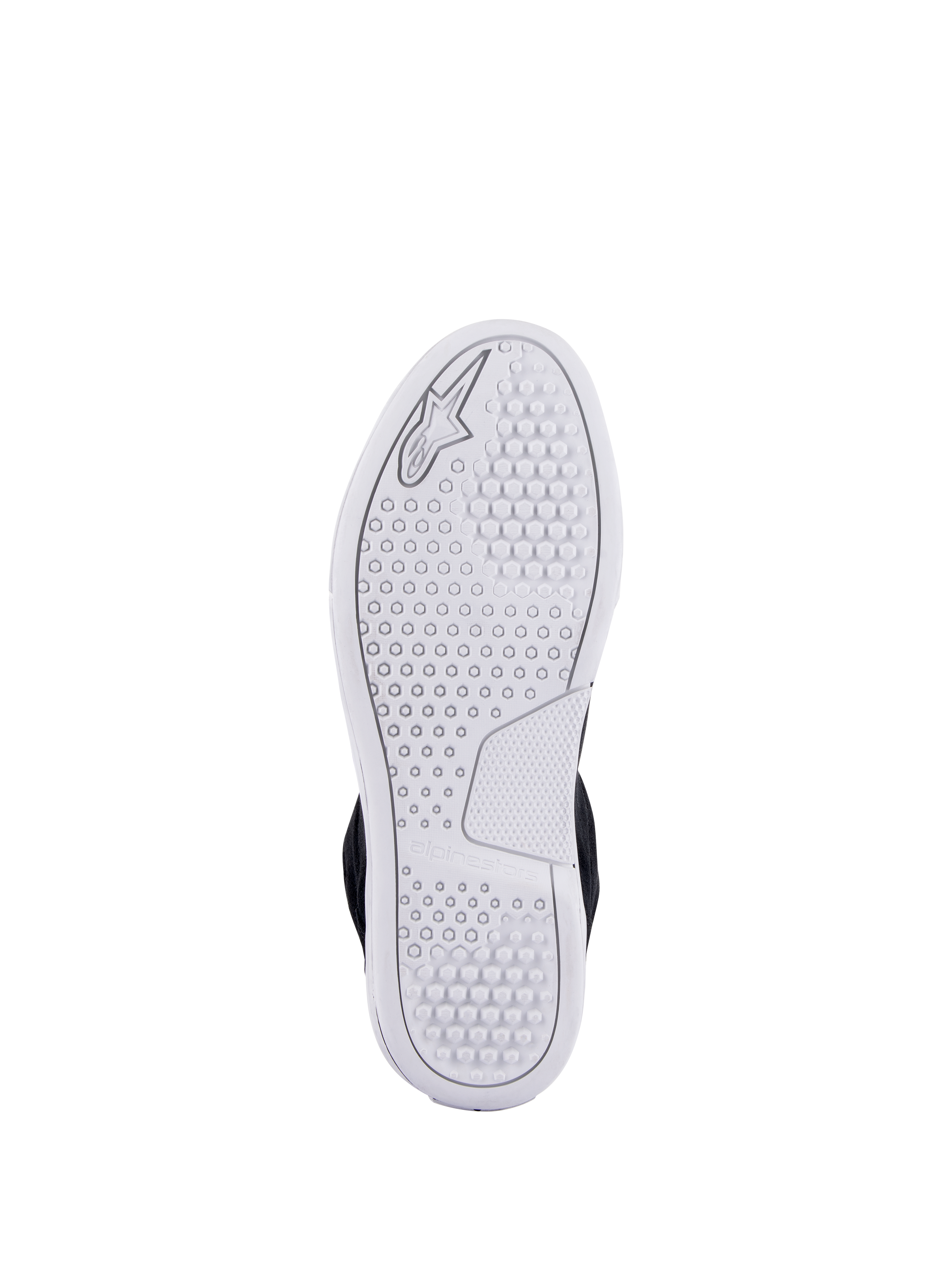Alpinestars Chrome Shoes, vista della suola urbana avanzata bianca, con motivo di trazione esagonale e logo Alpinestars in rilievo, calzature casual da moto