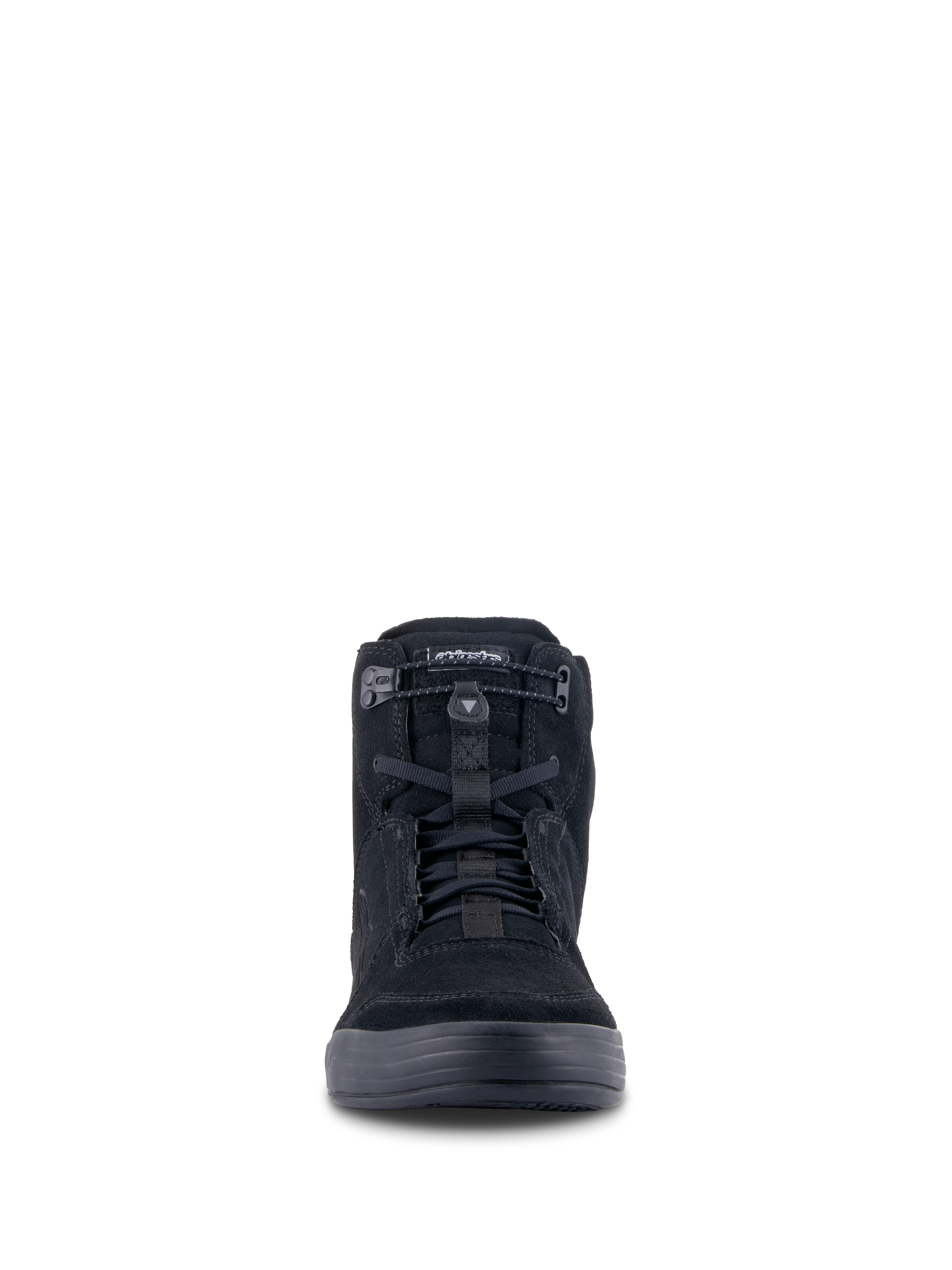 Scarpe da moto Alpinestars Chrome, calzature urbane, nero su nero, vista frontale con silhouette alta, materiale in camoscio spaccato con chiusura superiore elasticizzata e lacci neri, design streetwear casual