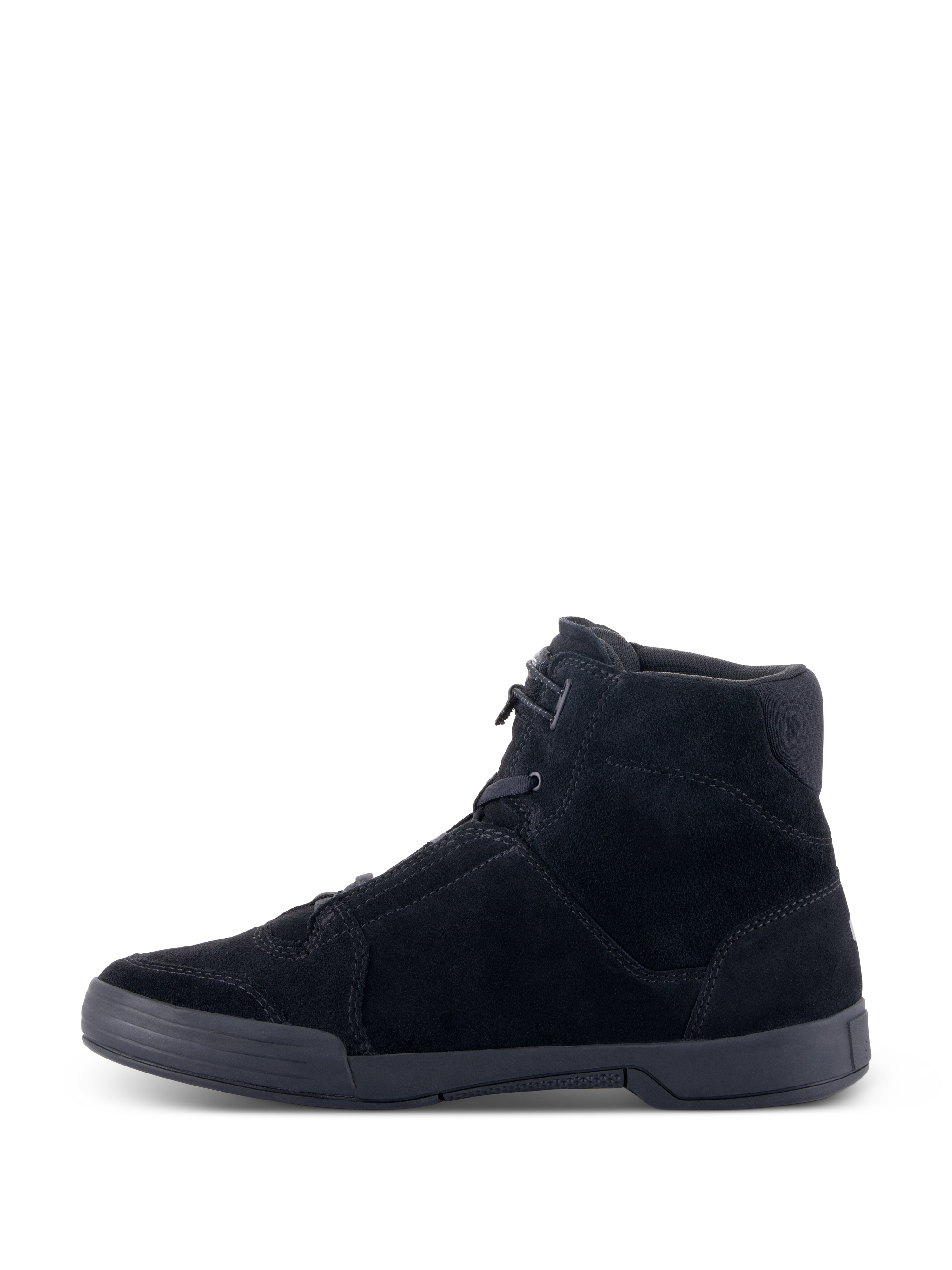 Scarpe Alpinestars Chrome, scarpe da moto urbane, Nero Nero, vista laterale con tomaia in camoscio spaccato e suola a tazza in gomma piatta, silhouette high-top dallo stile streetwear casual