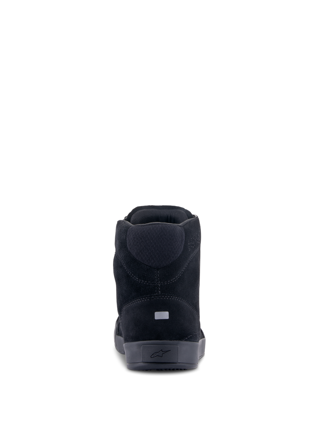 Scarpe Alpinestars Chrome, scarpe da moto, nero nero, vista posteriore con tomaia in camoscio spaccato, inserto riflettente sul tallone per la visibilità e logo a stella impresso sulla suola, design di ispirazione urbana