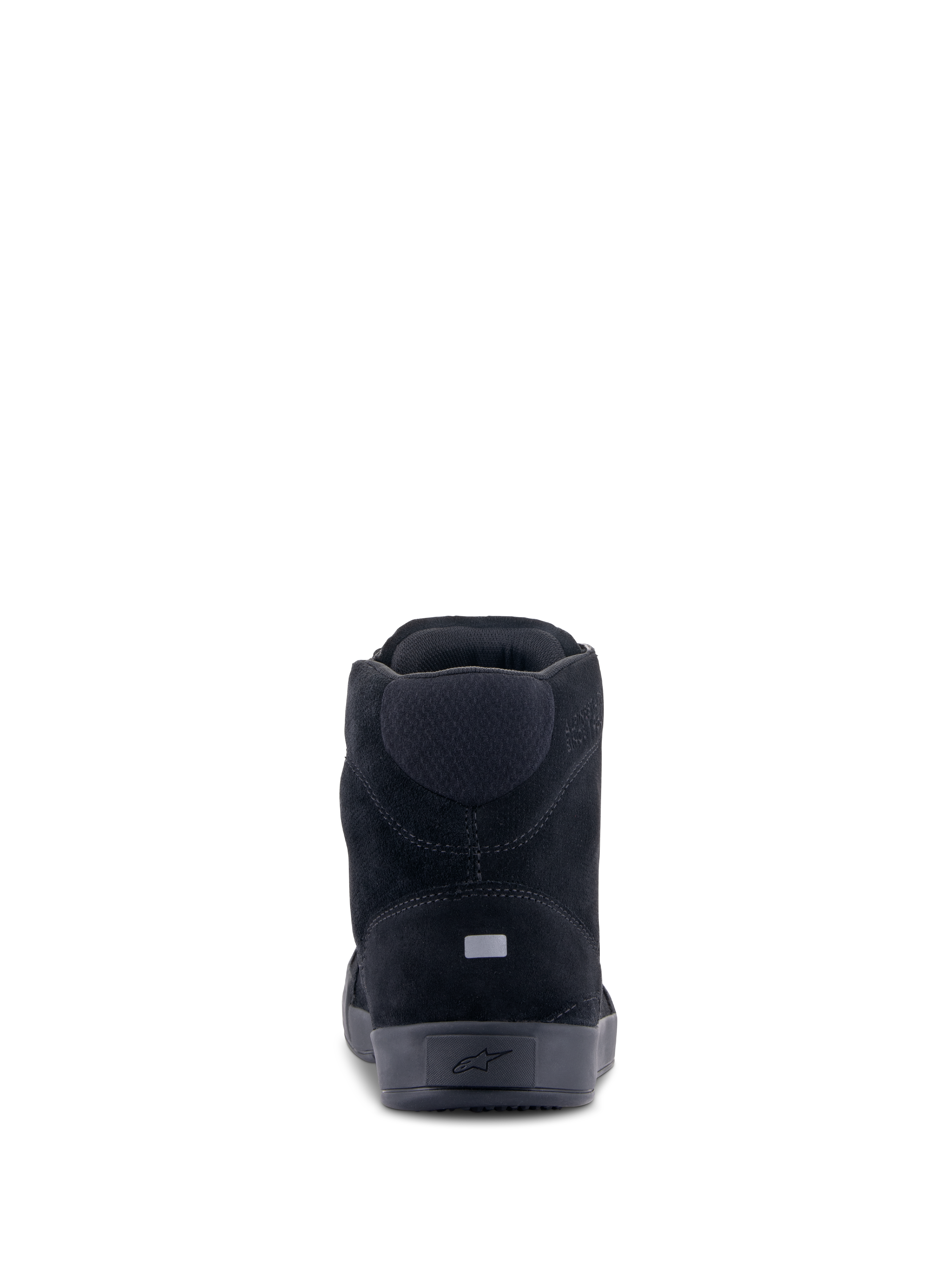 Scarpe Alpinestars Chrome, scarpe da moto, nero nero, vista posteriore con tomaia in camoscio spaccato, inserto riflettente sul tallone per la visibilità e logo a stella impresso sulla suola, design di ispirazione urbana