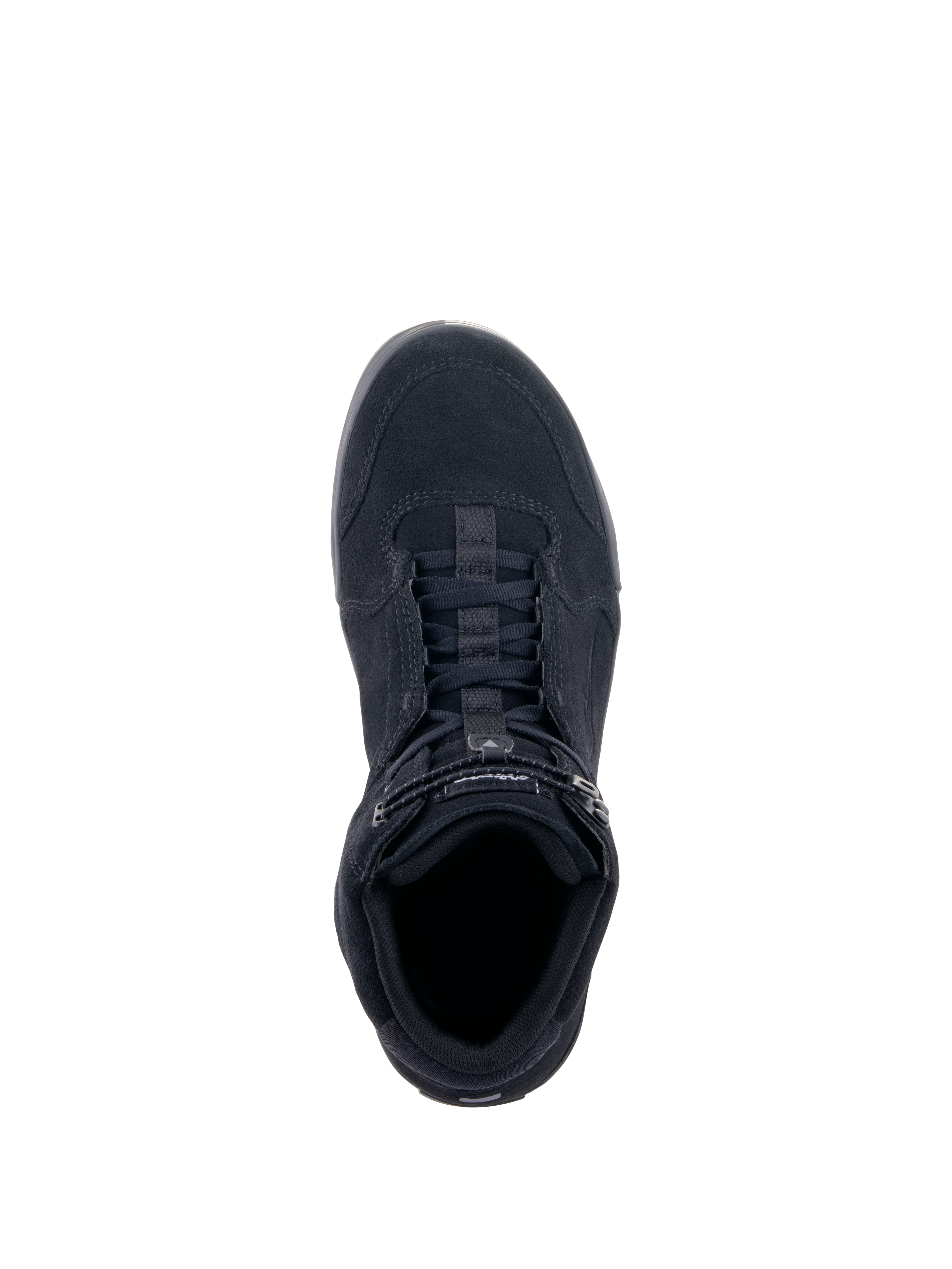 Scarpe da moto Alpinestars Chrome, Nero, vista dall'alto, con costruzione in camoscio diviso, chiusura stringata con cinturino superiore elastico, silhouette urbana casual progettata per la protezione in moto
