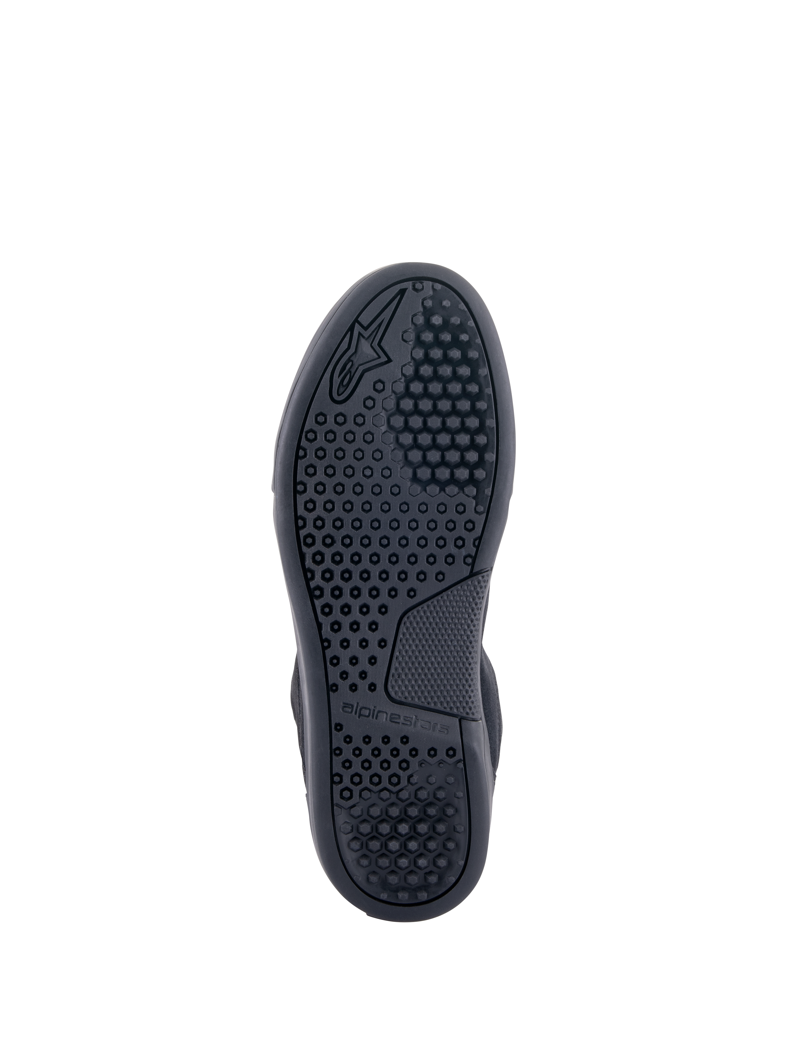 Scarpe Alpinestars Chrome, vista della suola, nero, con suola a tazza in mescola di gomma avanzata con motivo di grip esagonale e logo Alpinestars, scarpe da moto urbane
